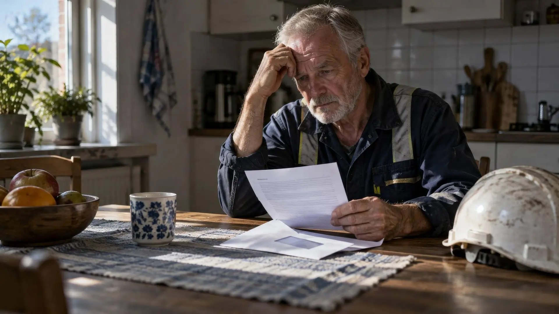 Oudere bouwvakker aan de keukentafel met een brief, bij het kabinetsplan om de WW te halveren.