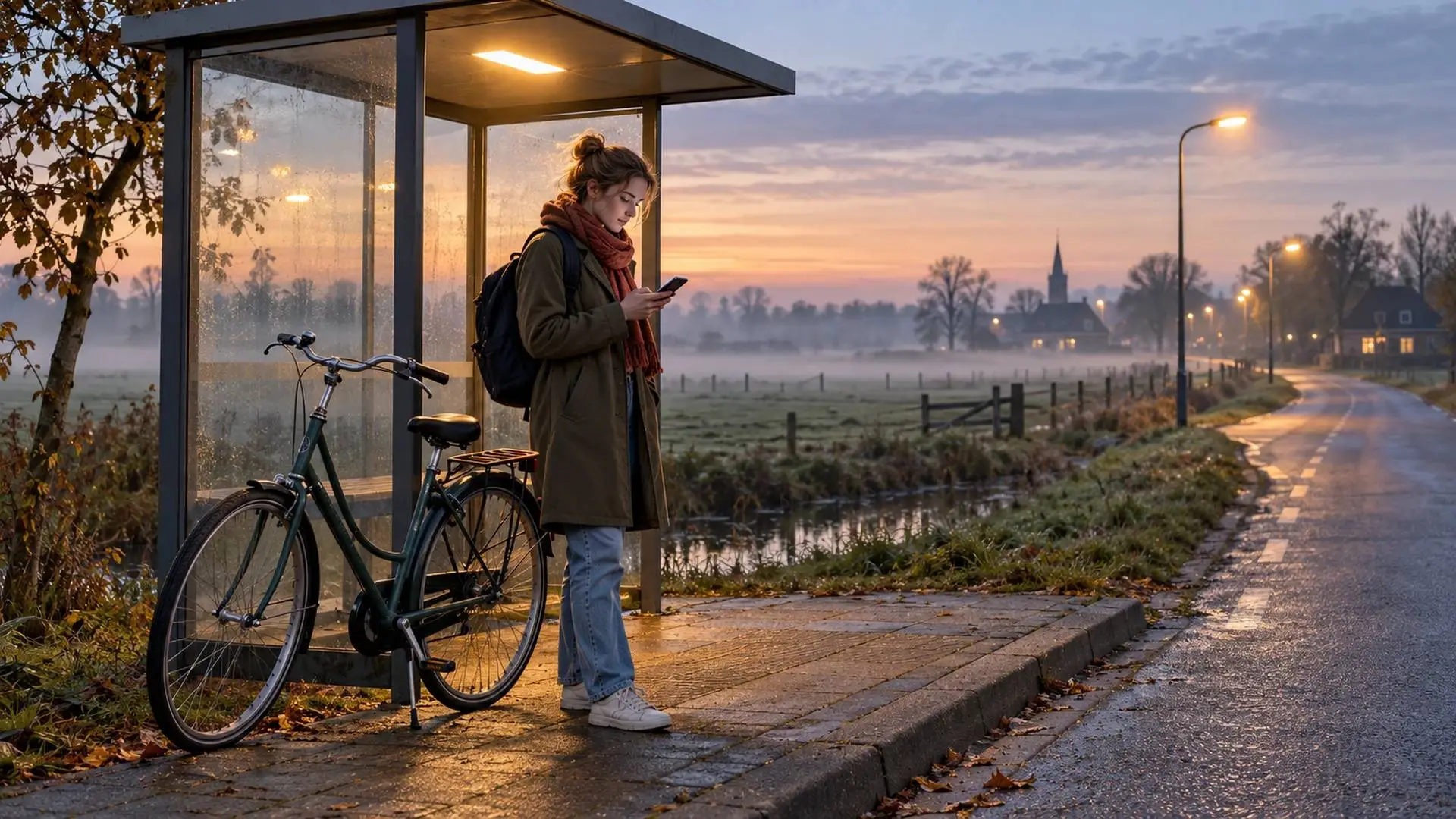 Jonge vrouw met fiets wacht in de ochtendschemer bij een lege bushalte