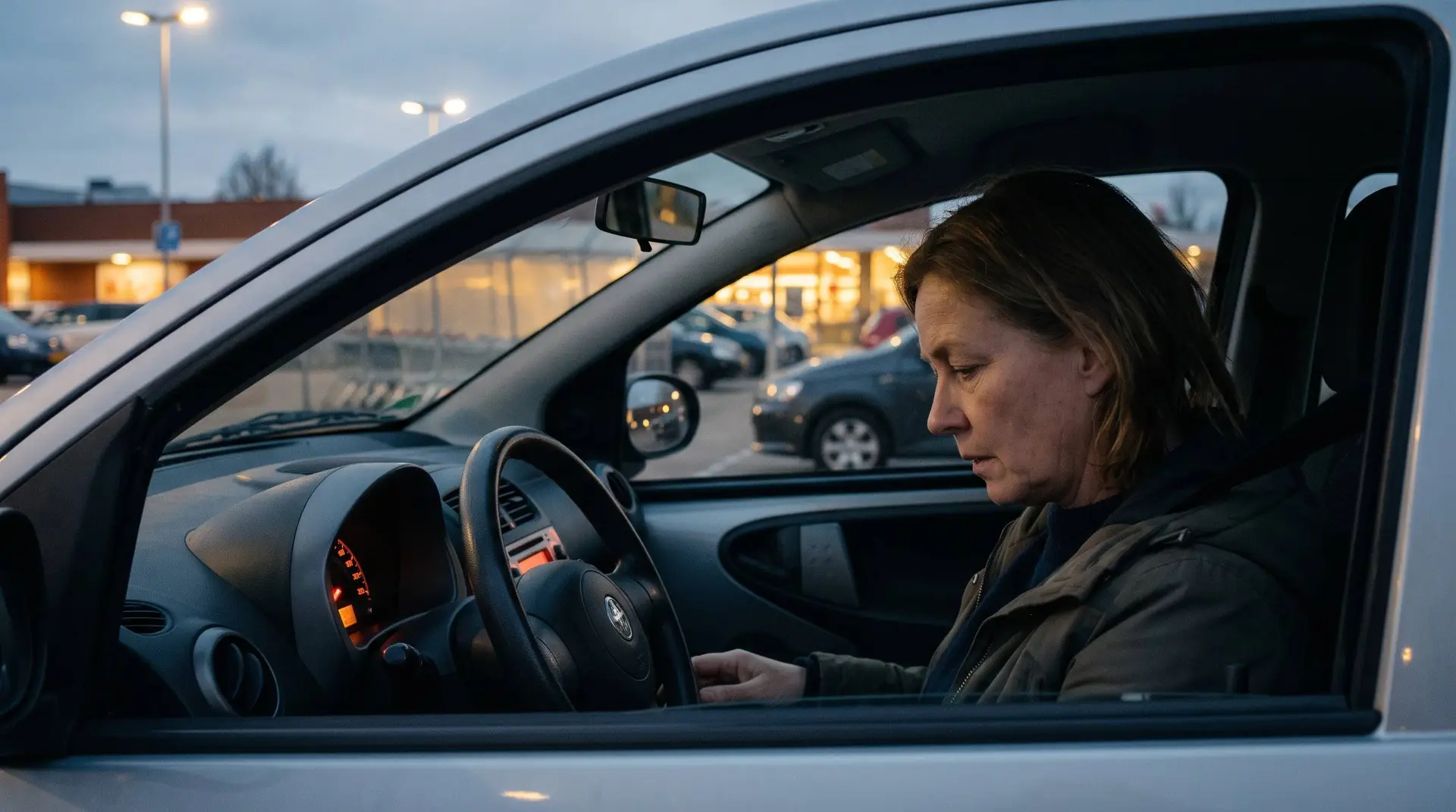 Vrouw kijkt in haar geparkeerde auto bezorgd naar het dashboard met de brandstofmeter