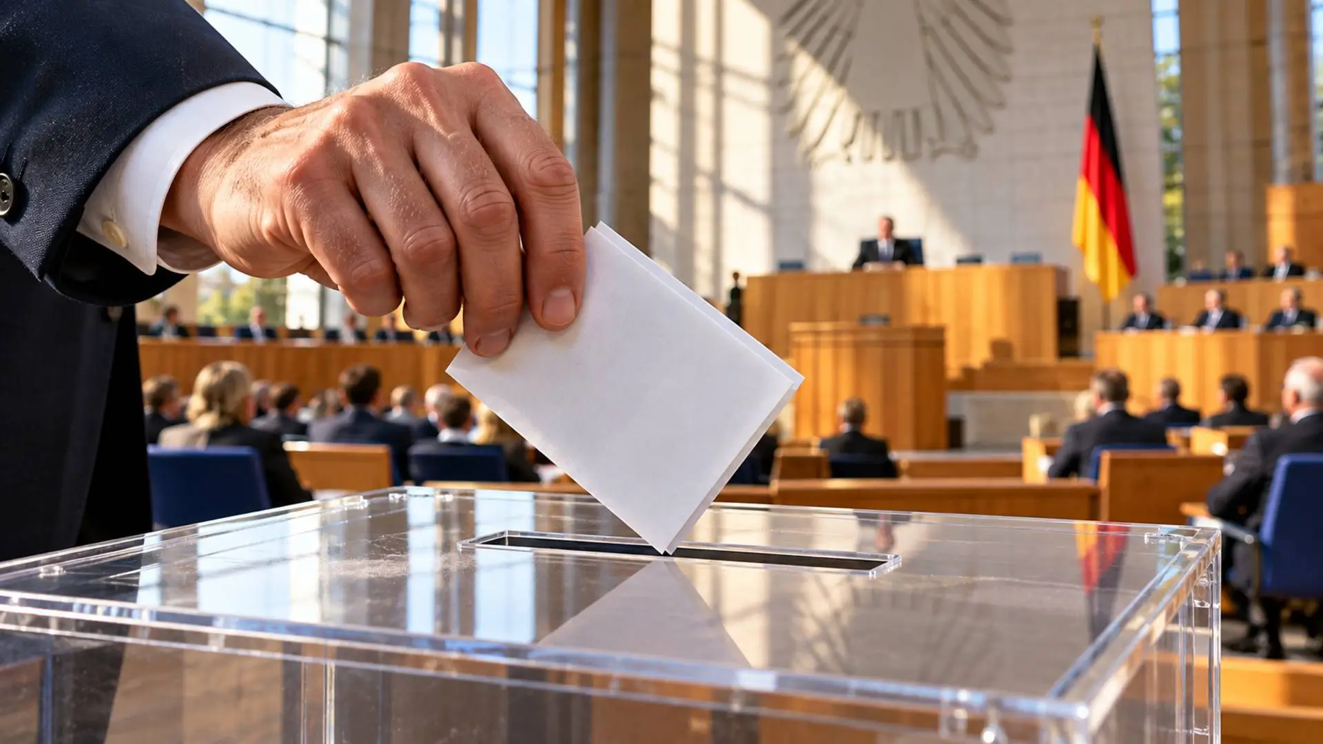 Een hand met een stembiljet voor een stembus in een Duitse parlementaire zaal.