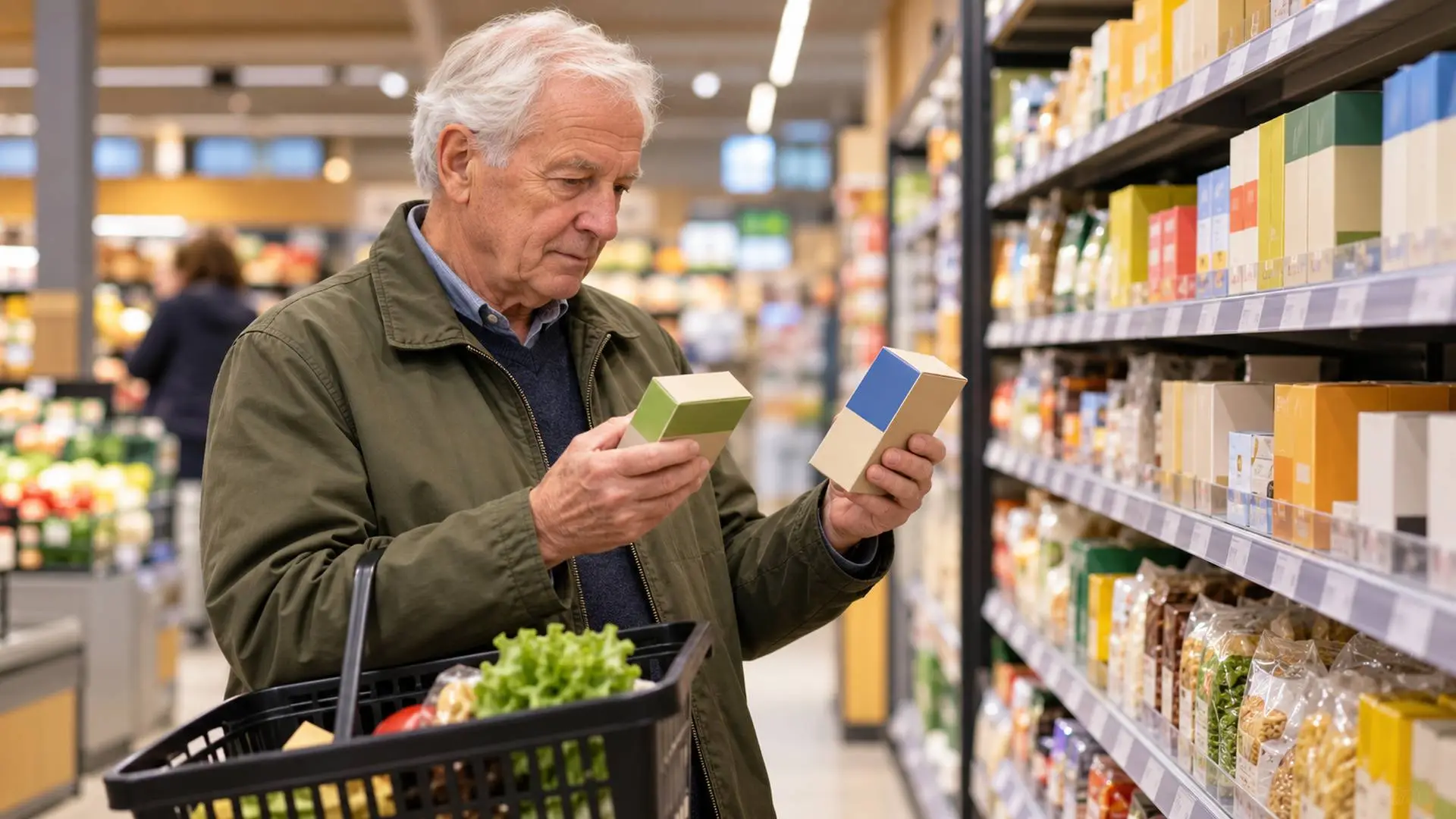 Illustratie van een oudere man die producten vergelijkt in een supermarkt