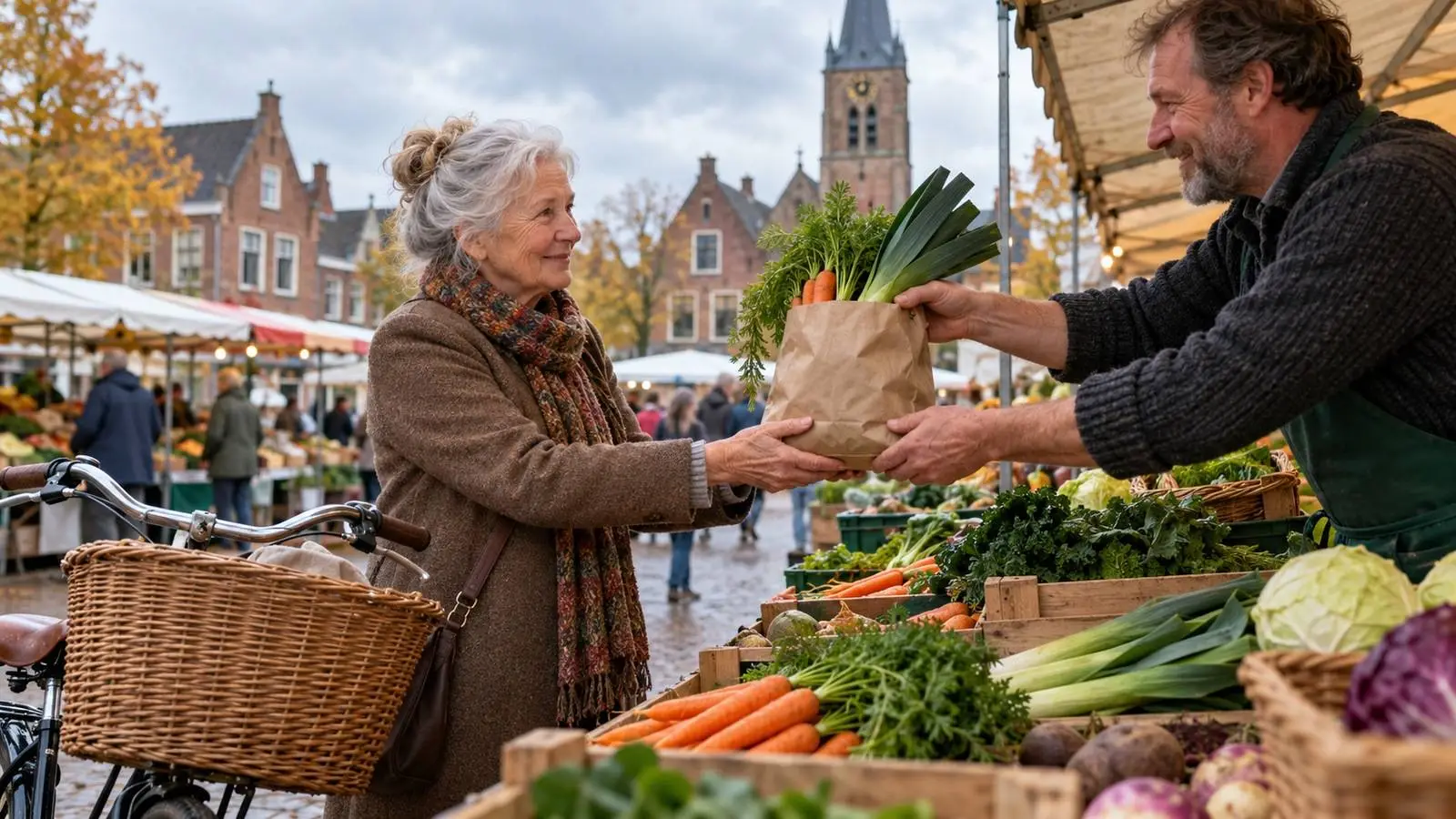 Oudere vrouw neemt een zak groenten aan bij een marktkraam, met haar fiets naast haar.