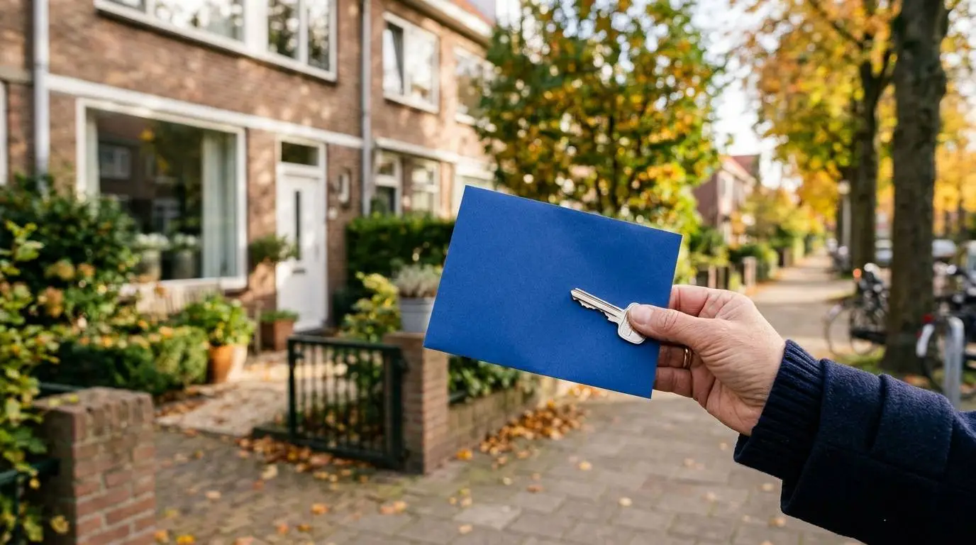 Hand houdt een voordeursleutel en een dichte blauwe envelop vast voor een Nederlandse rijtjeswoning.