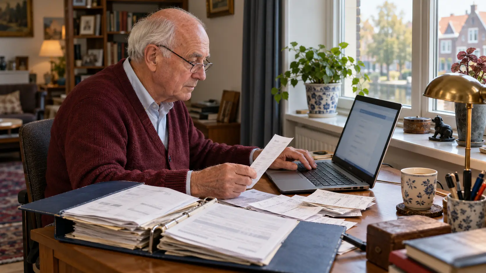 Oudere man doet aan zijn bureau aangifte op een laptop, met een map oude jaaropgaven.