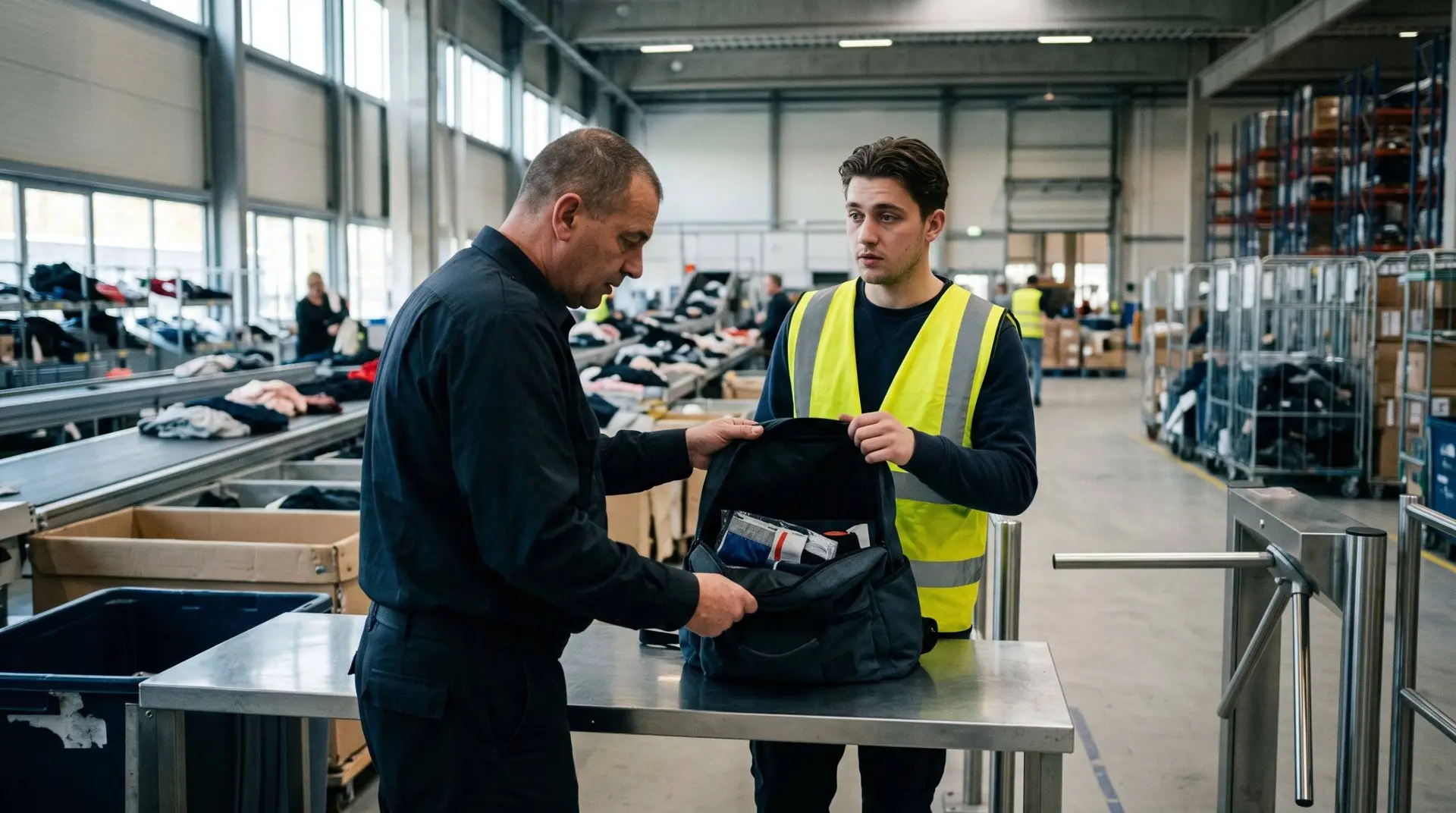 Beveiliger controleert de rugzak van een jonge magazijnmedewerker in geel hesje bij de uitgang van een kledingsorteercentrum