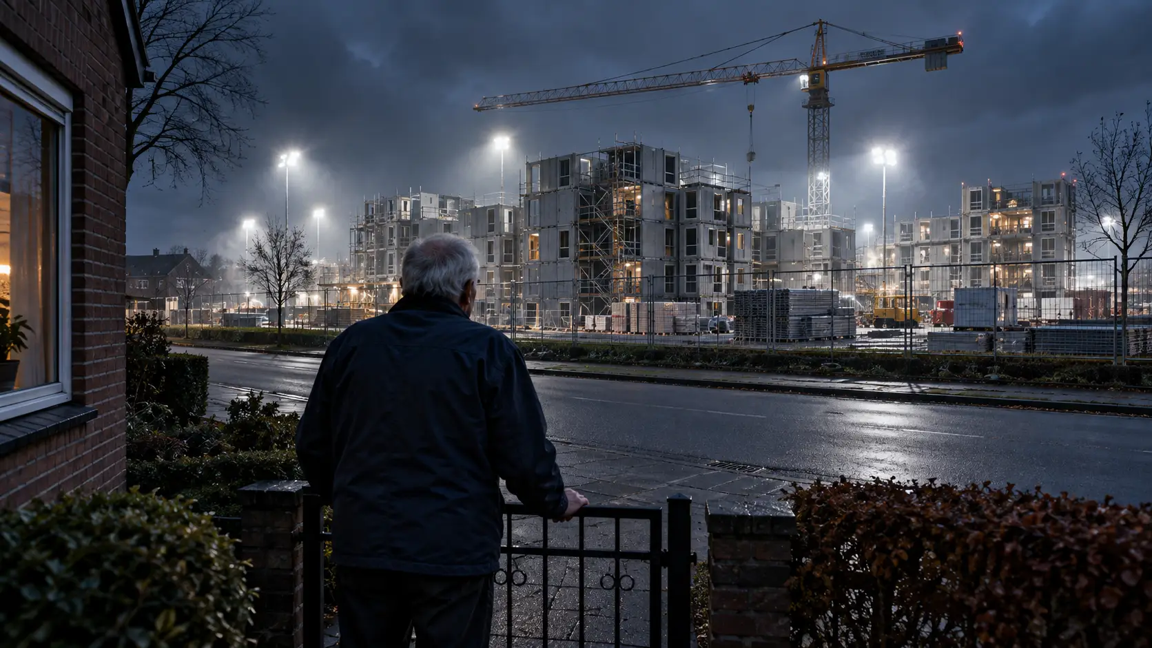 Man bij tuinhek kijkt in de schemering naar een fel verlichte bouwplaats met woonblokken, symbool voor het azc in Uden