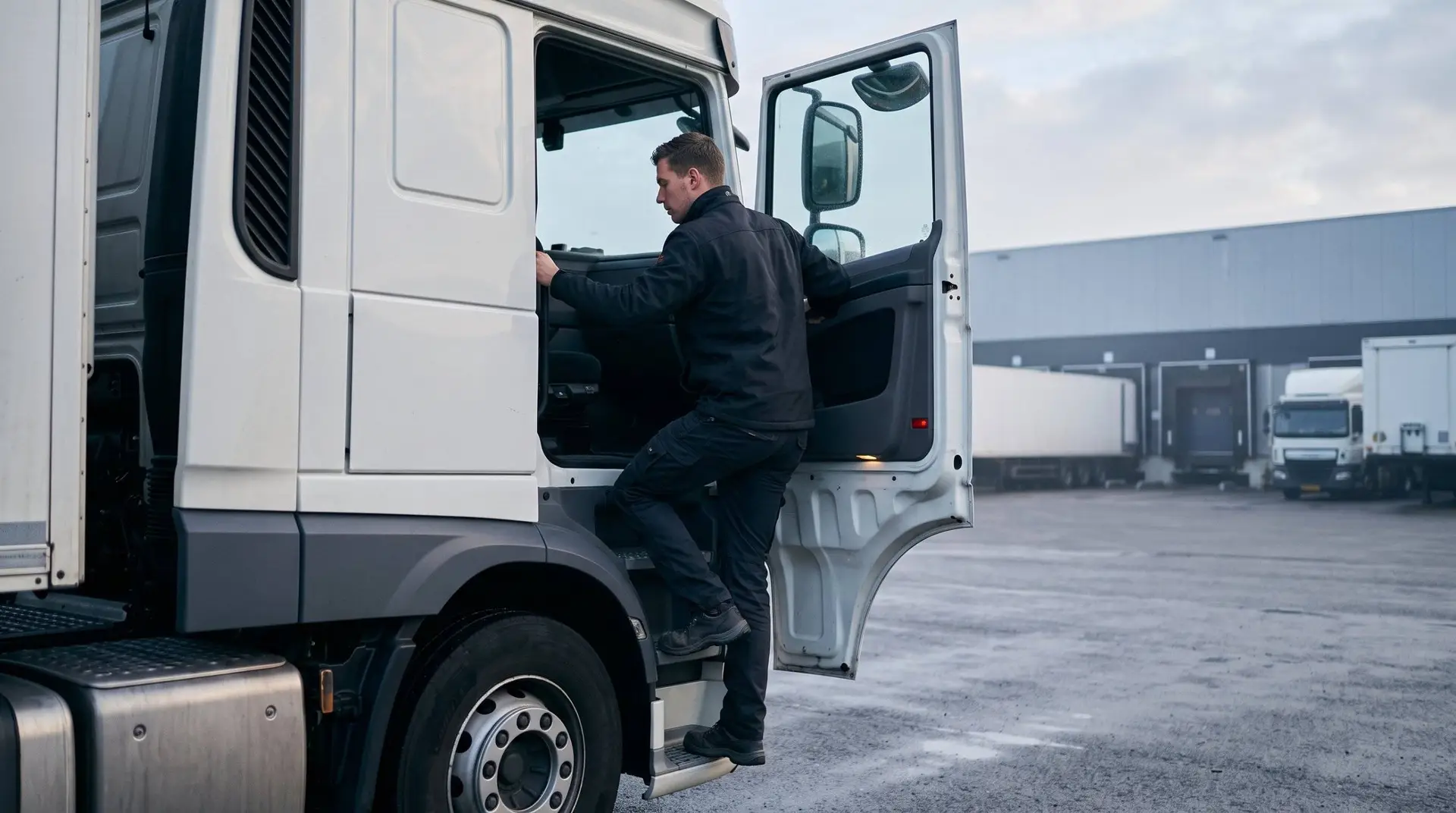 Jonge chauffeur in donkere werkkleding klimt in de vroege ochtend in de cabine van een witte vrachtwagen op een distributieterrein
