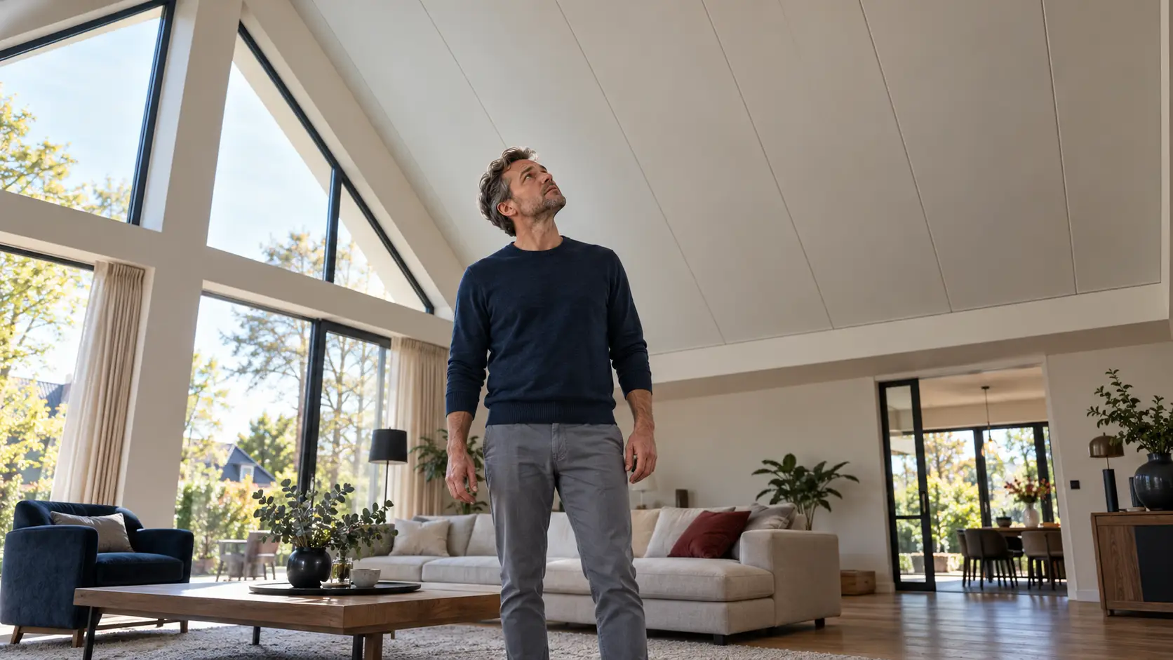 Man kijkt bezorgd omhoog naar het schuine dak van zijn woning.