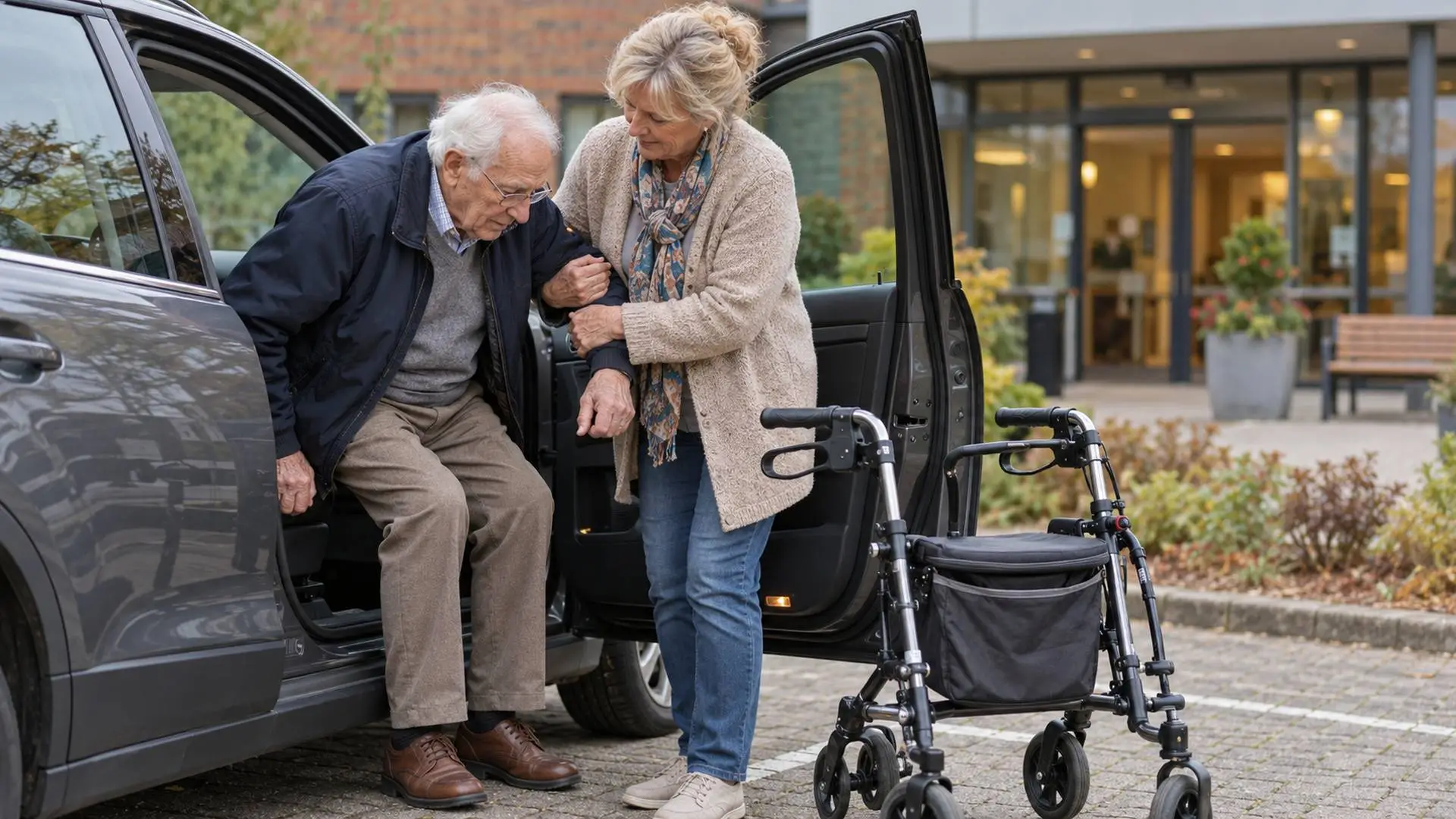Vrouw helpt haar hoogbejaarde vader uit de auto bij de ingang van een woonzorgcentrum, rollator staat klaar