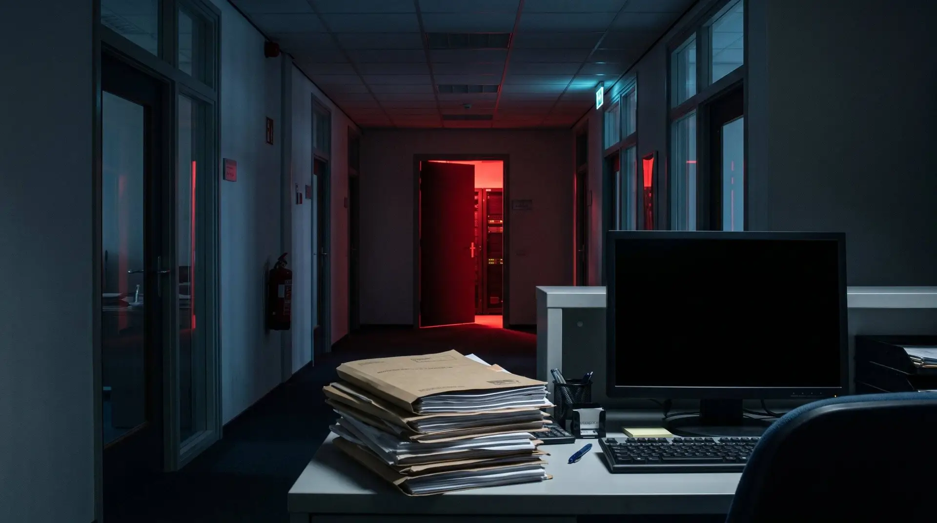 Donkere gang met openstaande serverruimte en stapel strafdossiers, symbool voor de hack bij het Openbaar Ministerie