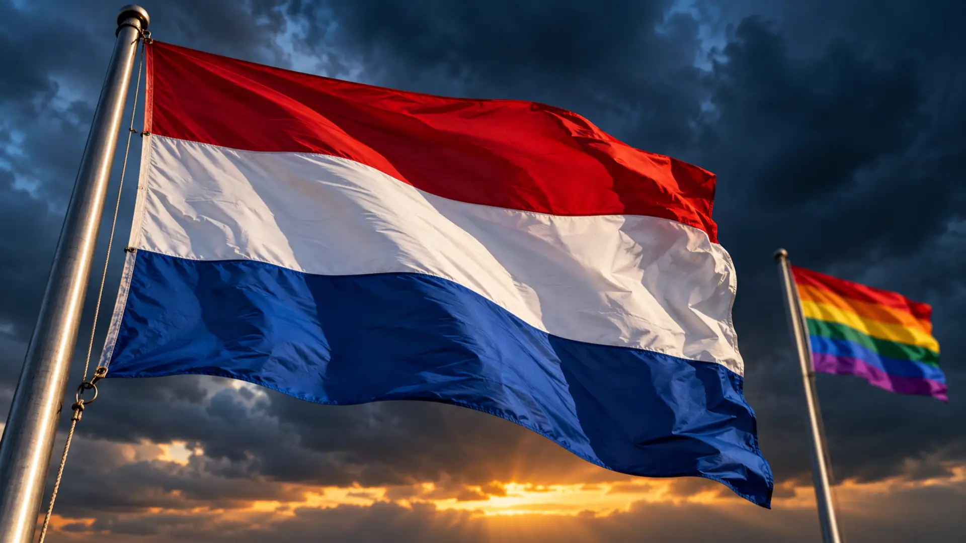 Nederlandse driekleur scherp op de voorgrond, regenboogvlag onscherp erachter onder een donkere onweerslucht