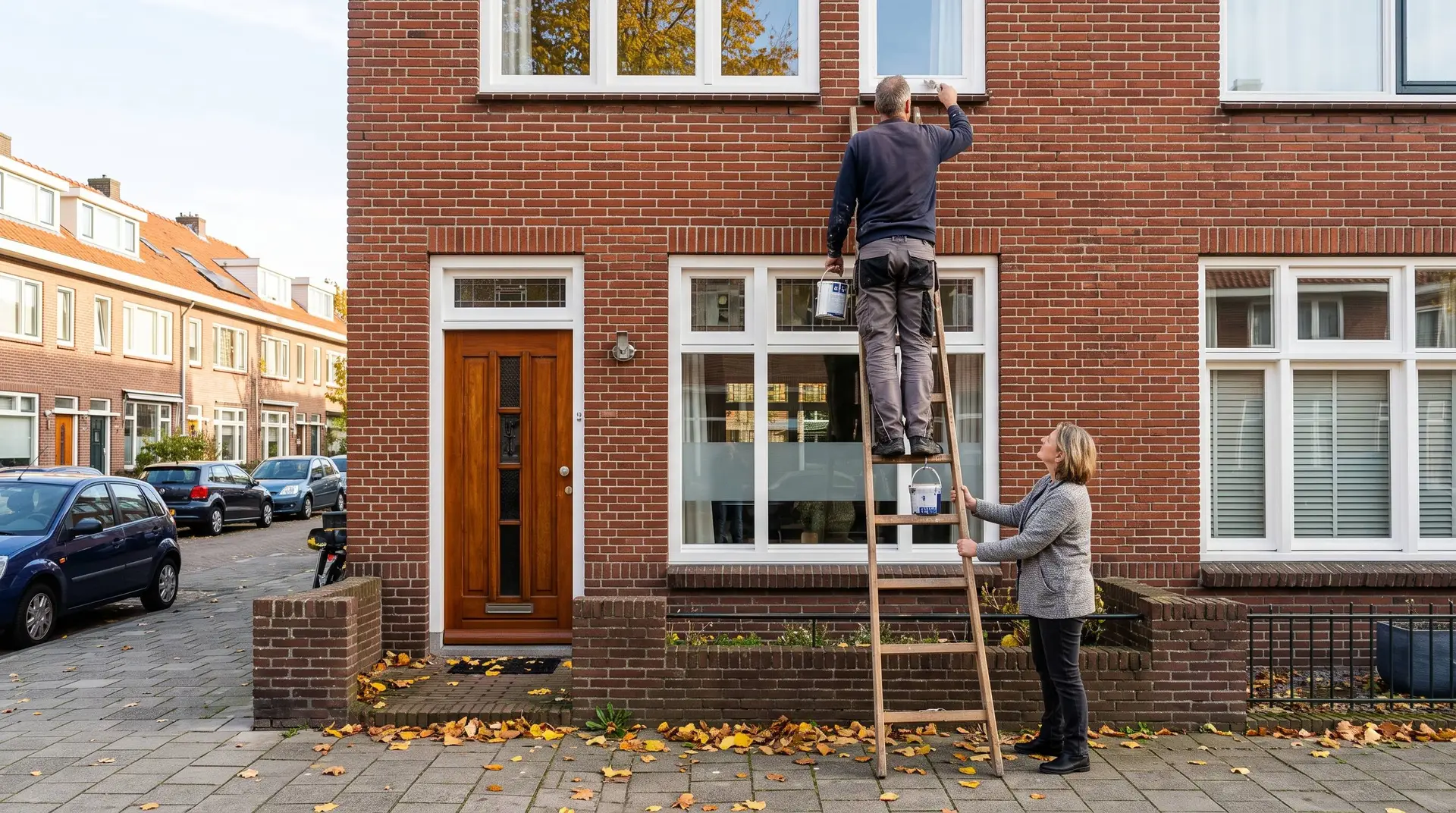 Man op een ladder schildert het kozijn van zijn tussenwoning terwijl zijn vrouw de ladder vasthoudt