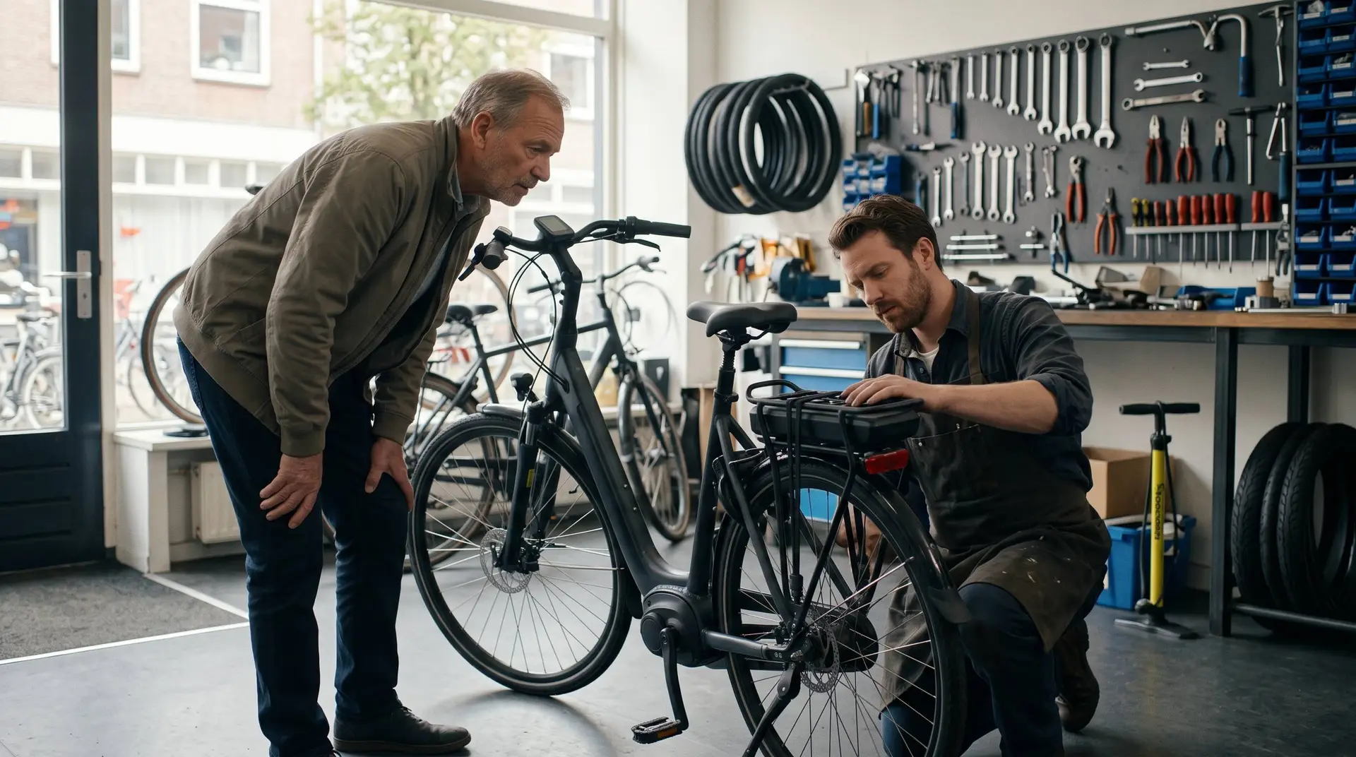 Monteur bekijkt de accu van een elektrische fiets in een fietsenwinkel