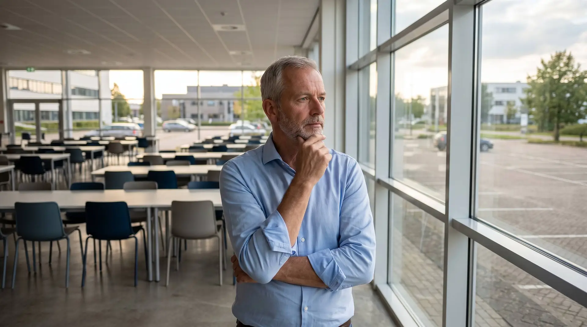 Man van begin zestig kijkt nadenkend uit het raam van een lege bedrijfskantine