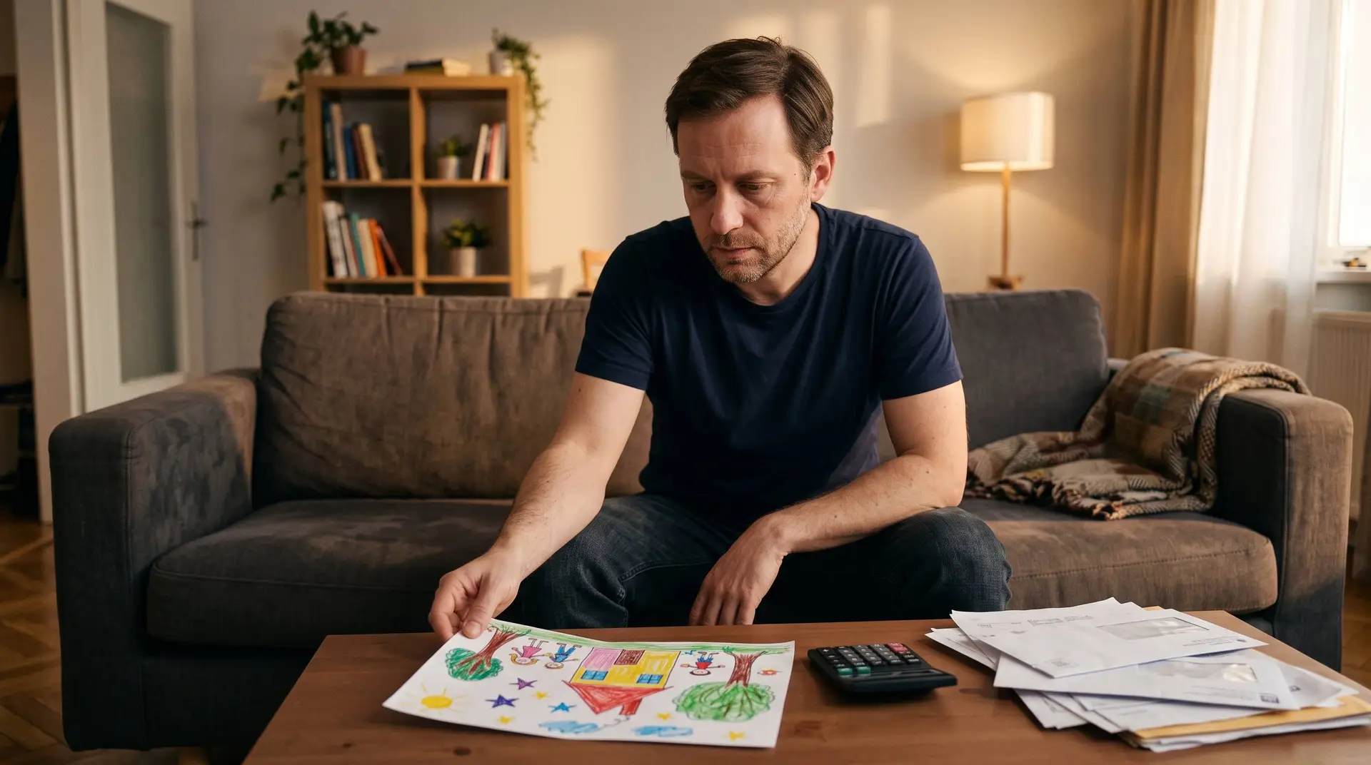 Man op de bank kijkt naar een kindertekening naast een rekenmachine
