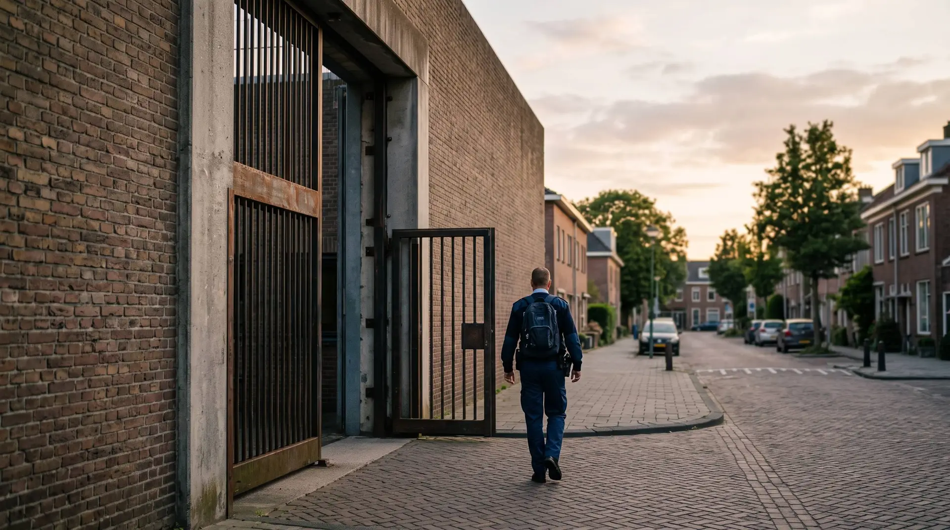 en gevangenismedewerker die na zijn dienst door een gevangenispoort naar buiten loopt.