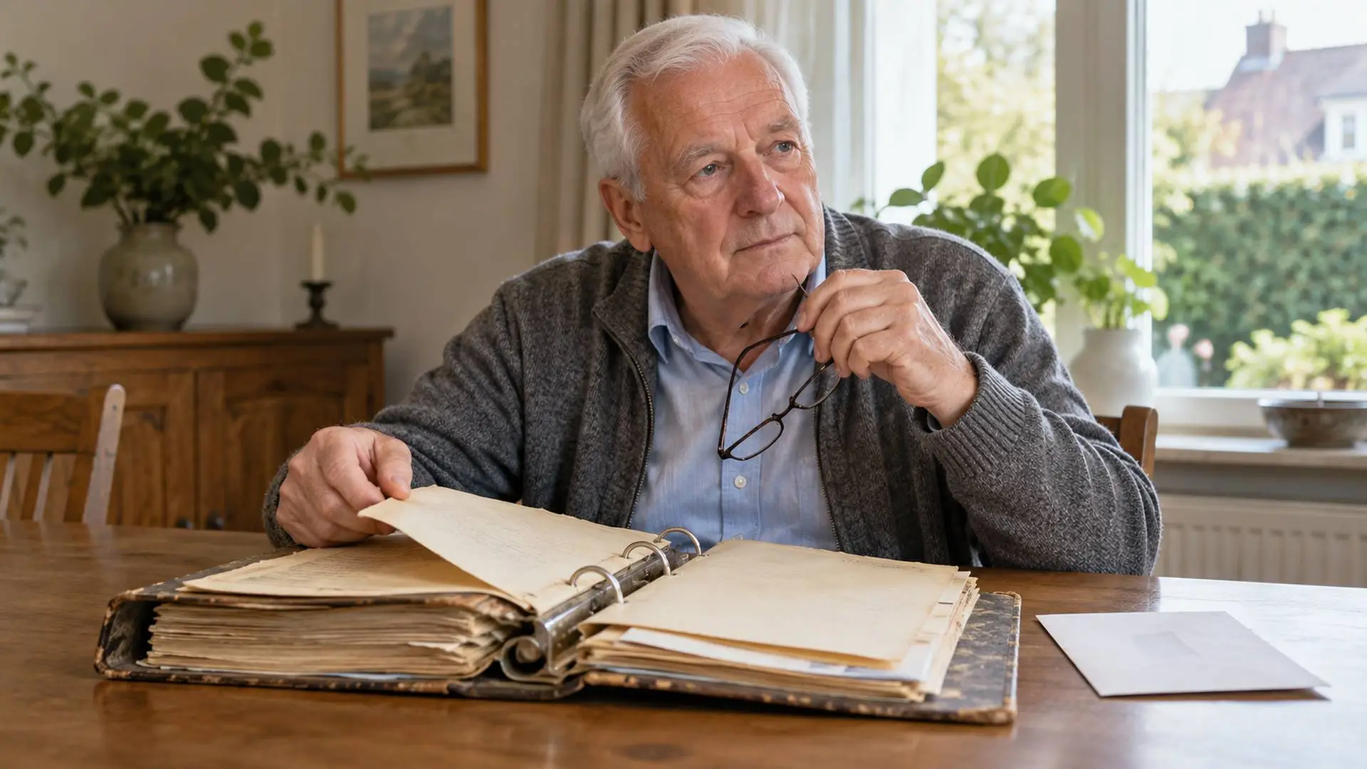 Man van rond de zeventig bladert aan de eettafel door een oude map met pensioenpapieren