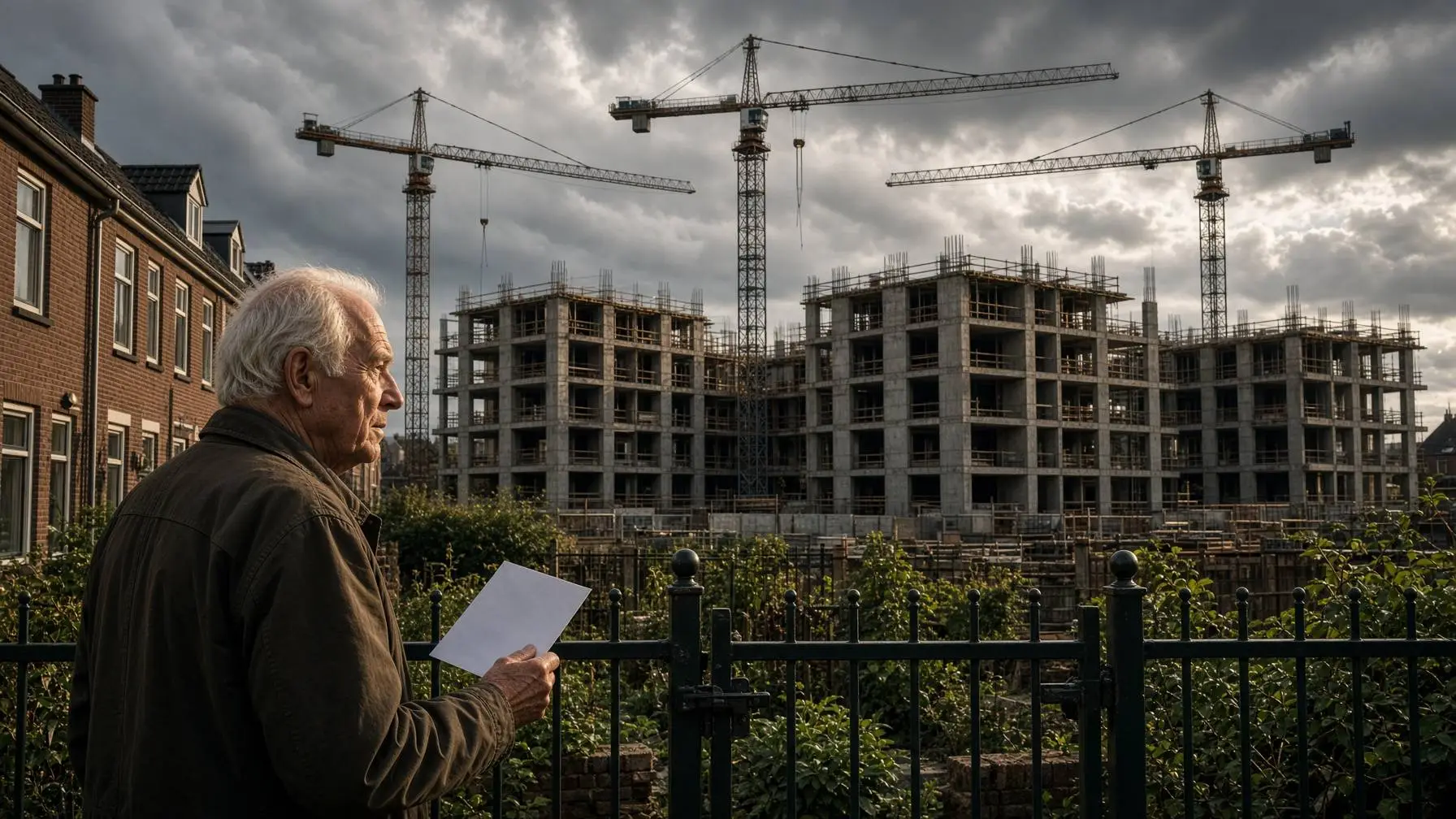 Bewoner met een brief in de hand kijkt vanuit zijn tuin naar een grote bouwplaats met torenkranen