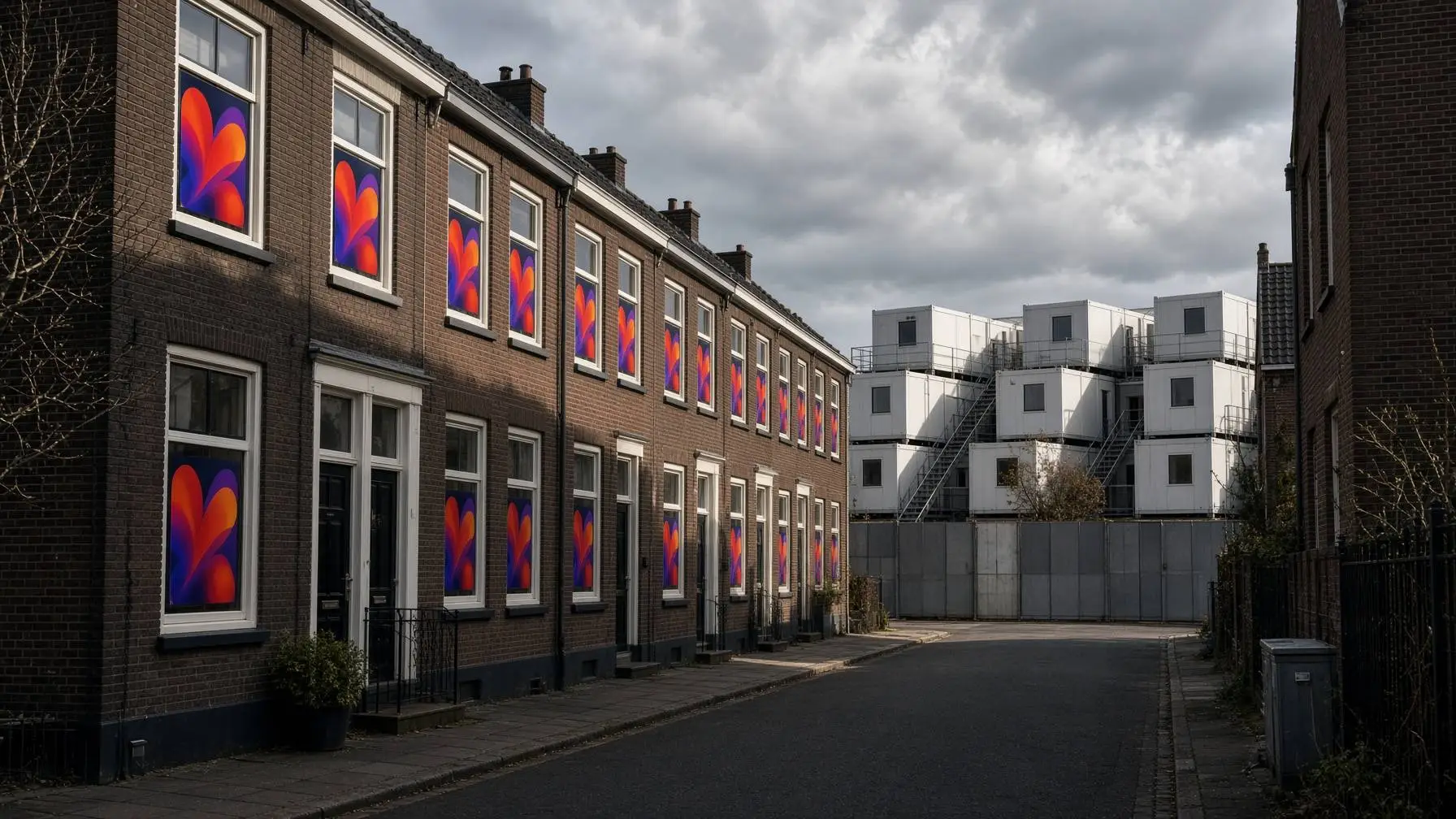 Rijtjeshuizen met identieke solidariteitsposters achter de ramen en op de achtergrond een containercomplex voor asielopvang