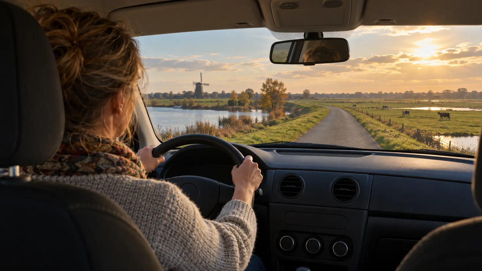Vrouw rijdt in een kleine auto over een dijkweg door de polder in de herfstzon