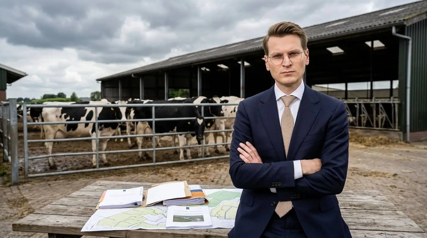 D66-landbouwminister Jaimi van Essen staat met gekruiste armen voor een Nederlandse melkveestal met stikstofdossiers op tafel.