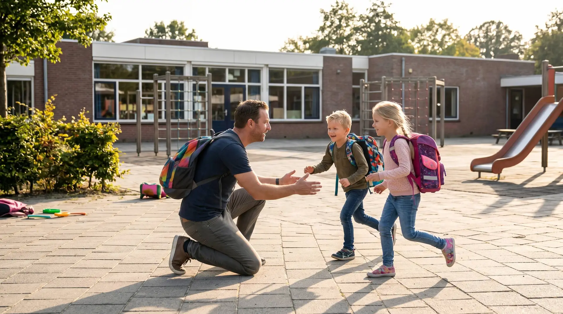Vader vangt zijn twee kinderen op die over het speelplein van de buitenschoolse opvang naar hem toe rennen