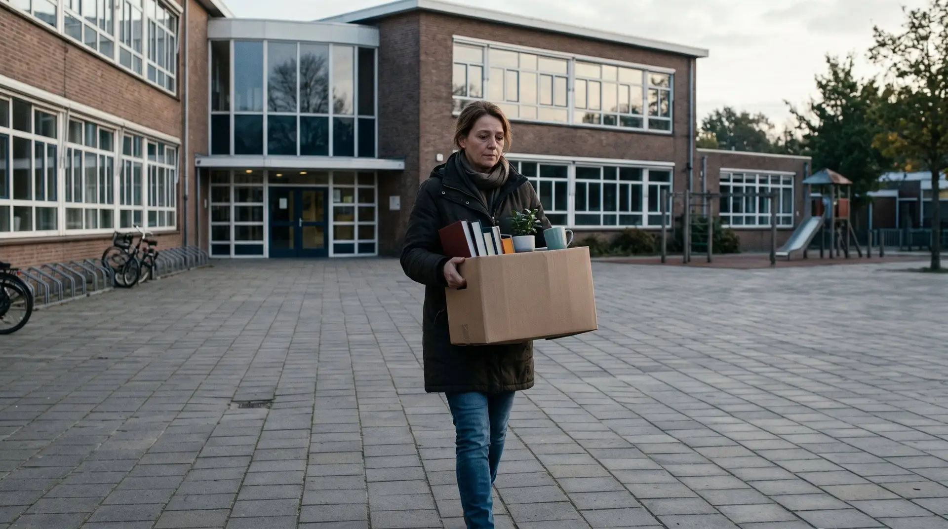 Vrouw loopt met een verhuisdoos met boeken en een plant over een leeg schoolplein weg van een schoolgebouw