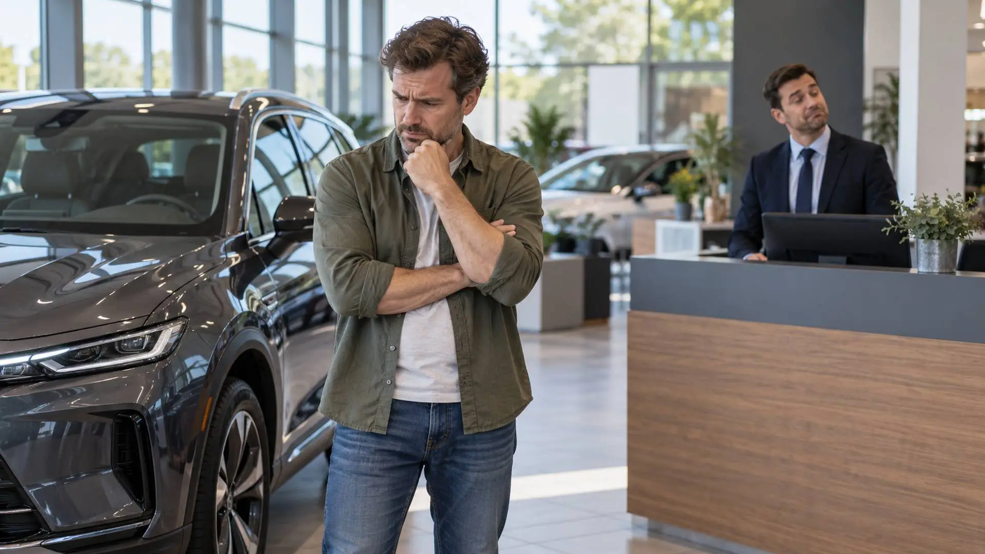 Man staat peinzend naast een nieuwe auto in een showroom, terwijl een verkoper achter de balie zijn handen spreidt