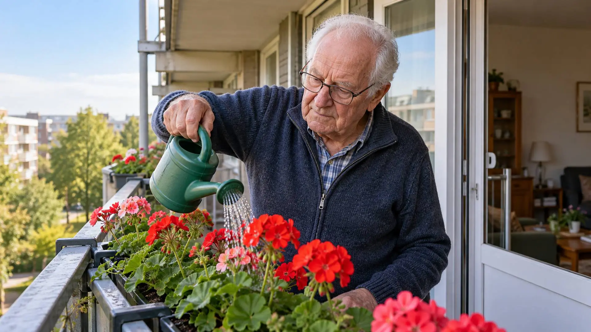 Man van rond de zesenzeventig geeft geraniums water op het balkon van een galerijflat.