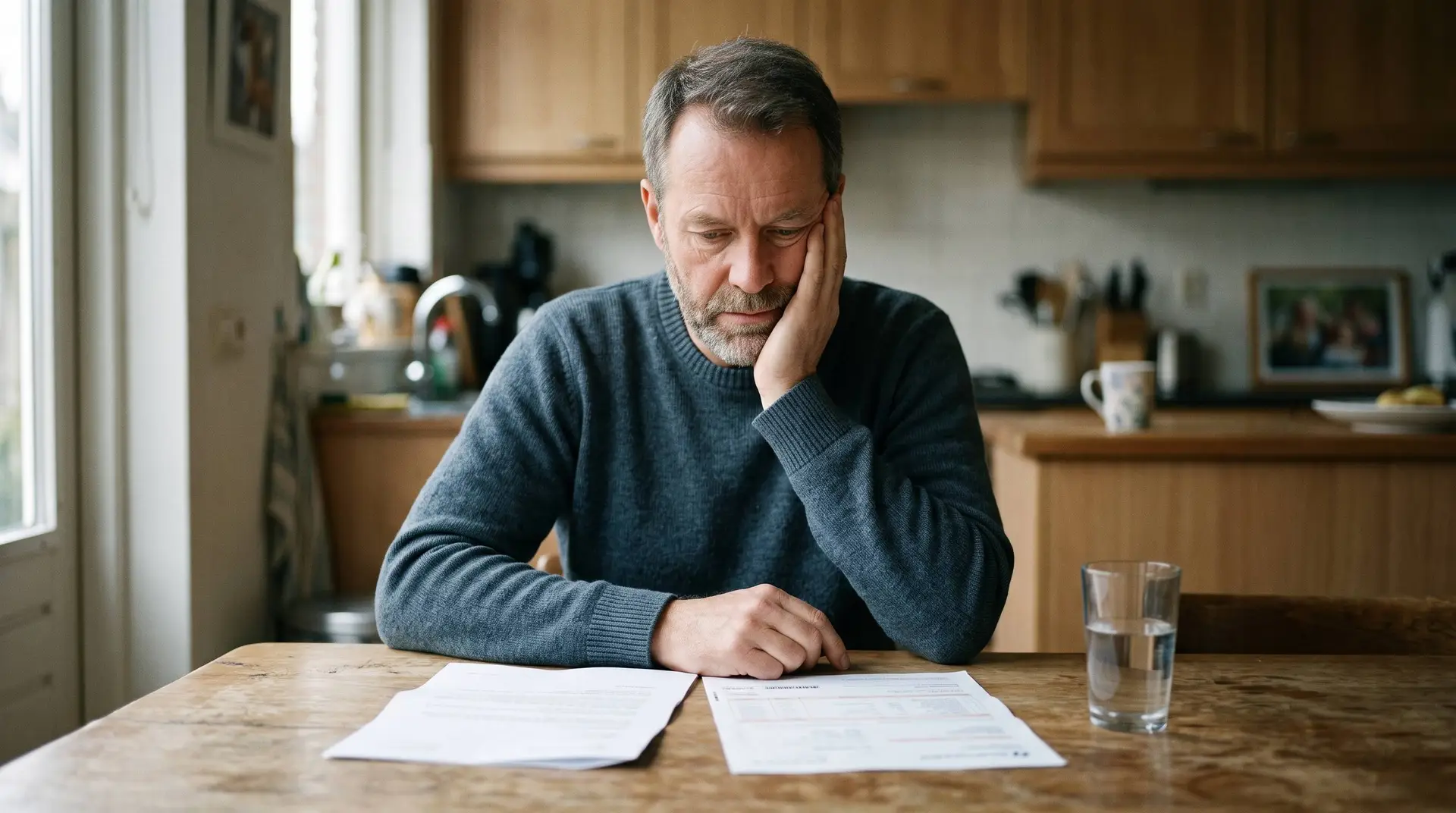 Man met zijn hand tegen zijn wang kijkt aan de keukentafel naar een brief en een rekening van de tandarts
