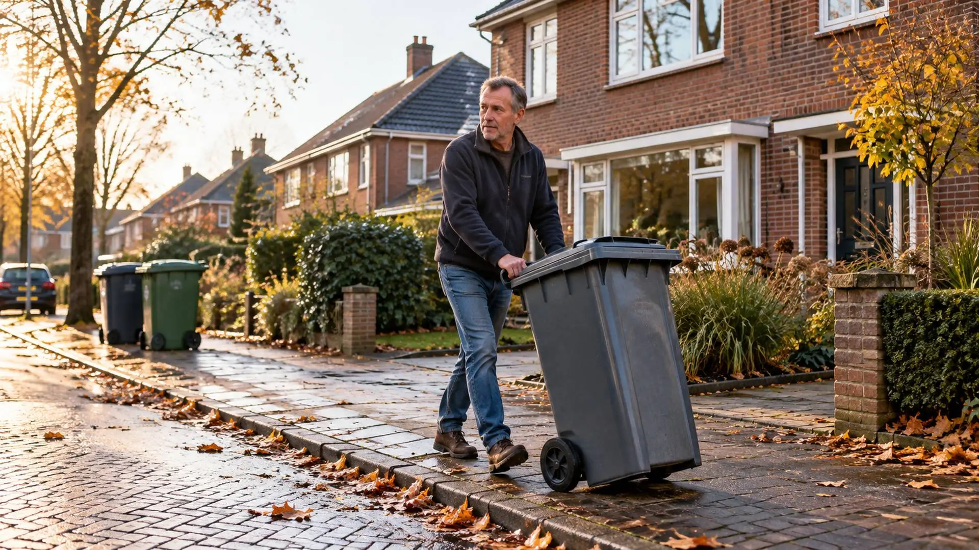 Man rolt 's ochtends een grijze afvalcontainer van zijn oprit naar de straat voor zijn woning