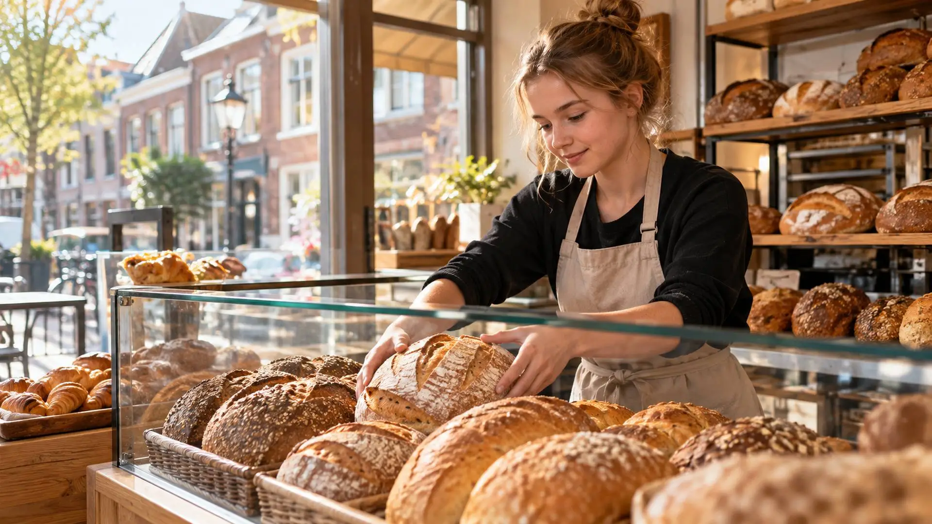 Meisje van zeventien legt broden in de vitrine van een bakkerswinkel, met ochtendlicht door de etalage