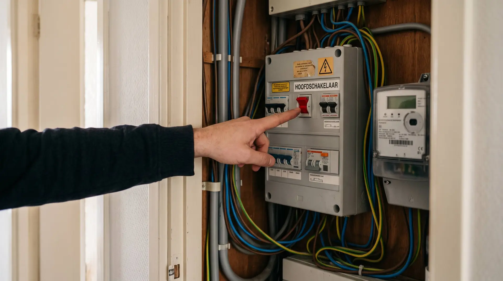 Mannenhand wijst naar de hoofdschakelaar in een open meterkast in een gang, met kabels en elektriciteitsmeter