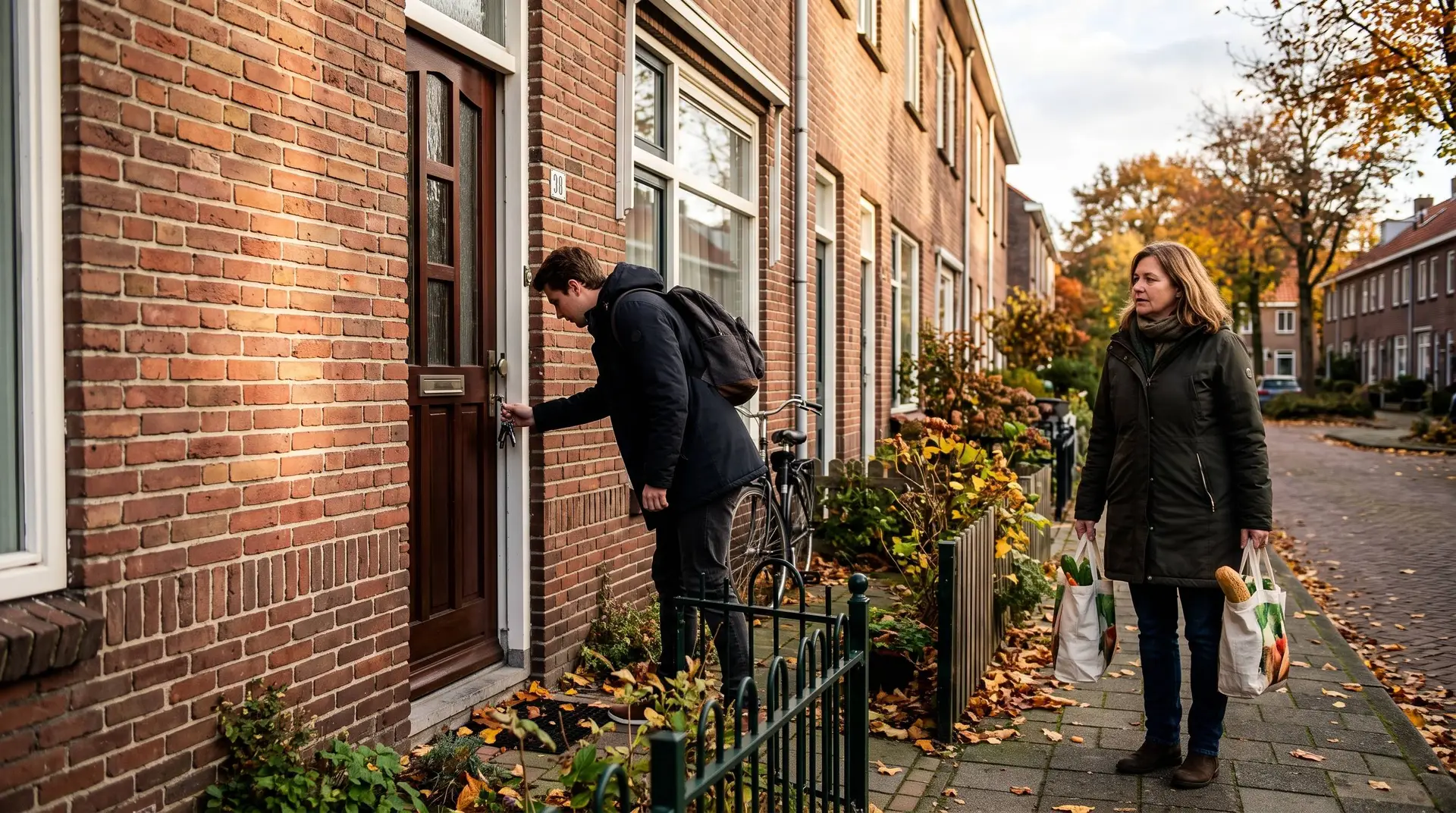 Vrouw van rond de vijftig met boodschappentassen en haar volwassen zoon bij de voordeur van een bakstenen rijtjeshuis