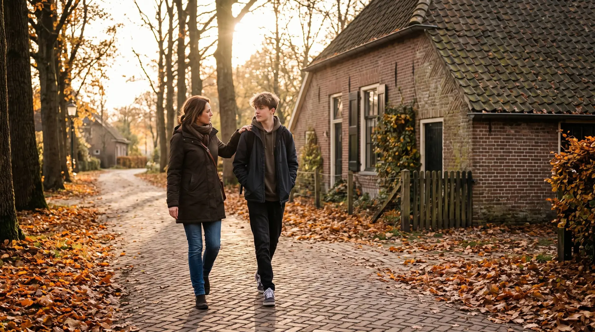 Moeder en tienerzoon lopen over een herfstpad bij een oude dorpswoning, zij legt een hand op zijn schouder