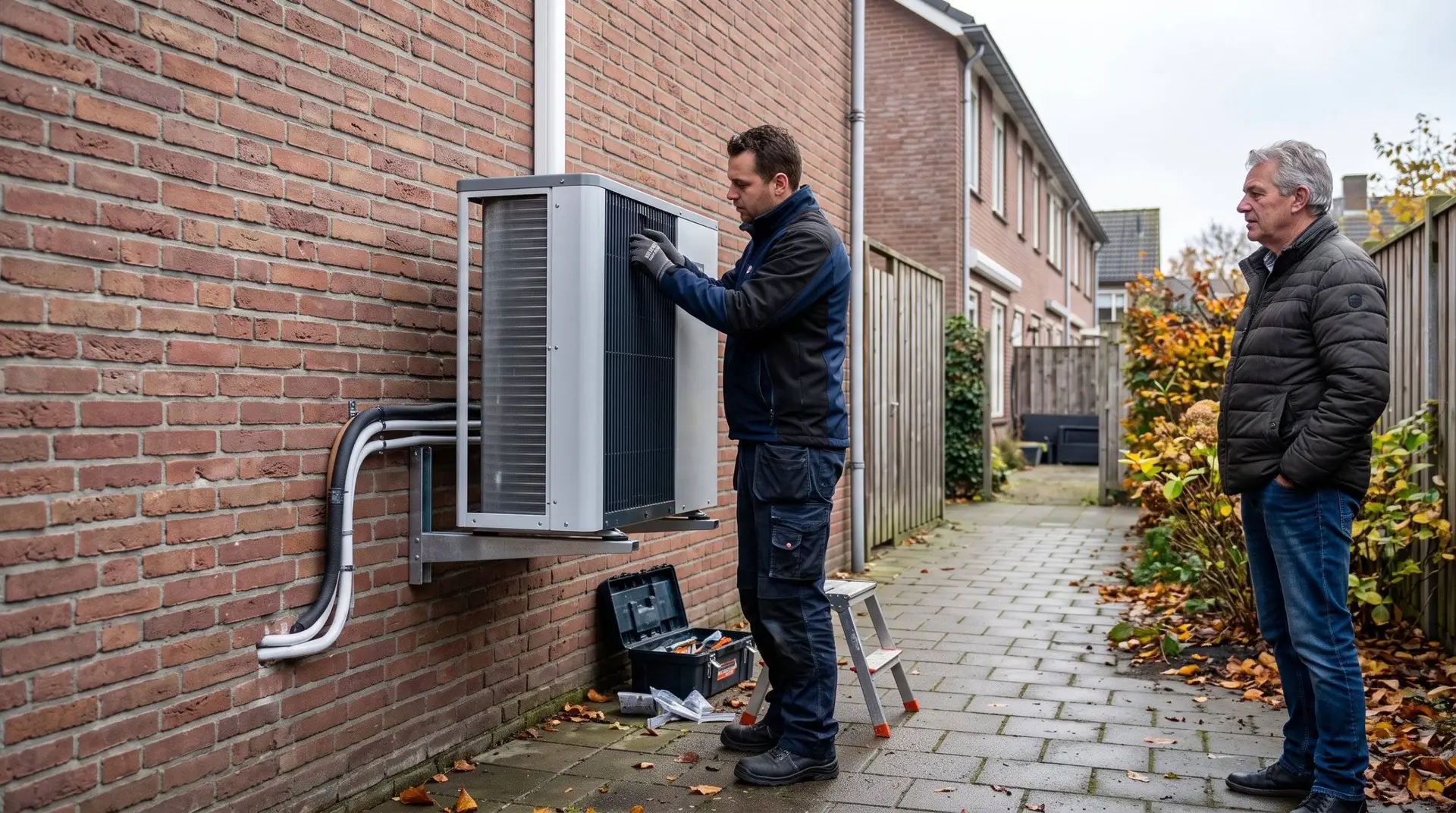 Monteur monteert de buitenunit van een hybride warmtepomp aan de zijgevel van een rijtjeshuis, terwijl een oudere huiseigenaar toekijkt