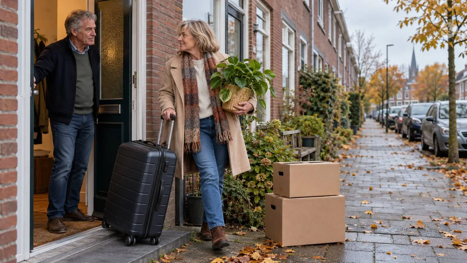 Man houdt de voordeur open terwijl een vrouw met een koffer en een plant bij zijn rijtjeshuis staat.