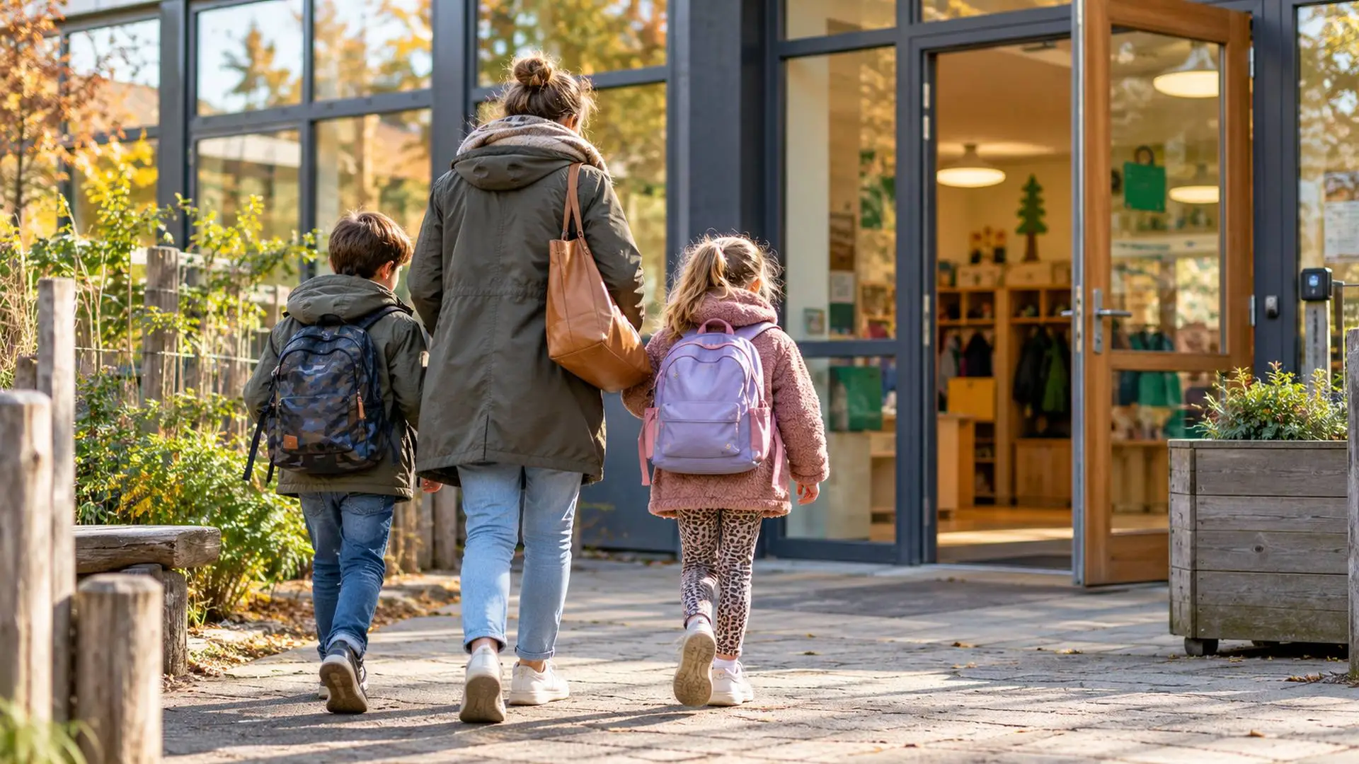 Ouder loopt met twee kinderen in jassen en met rugzakken naar de ingang van een buitenschoolse opvang