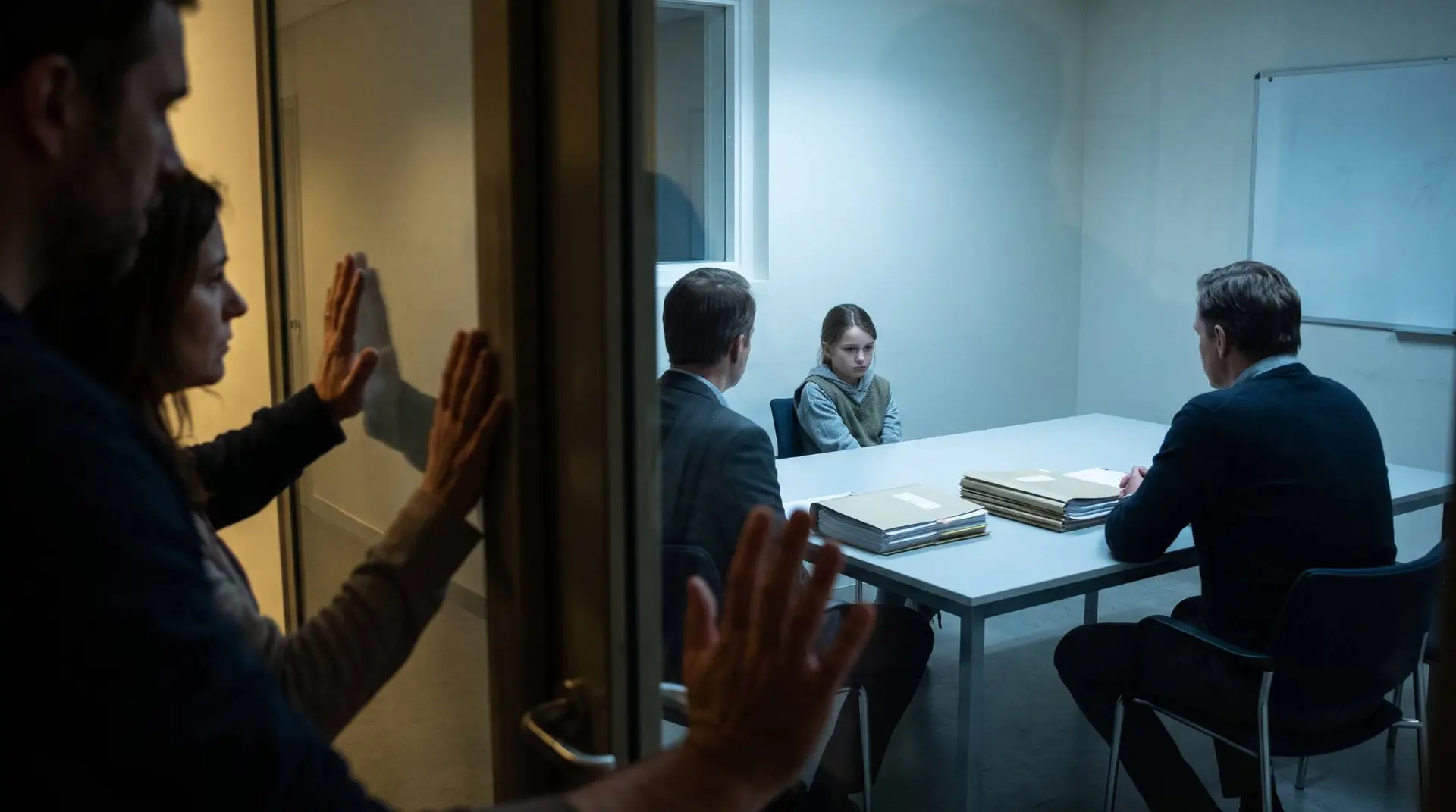 Ouders met hun handen tegen een glazen deur, terwijl hun dochter in een spreekkamer alleen tegenover hulpverleners zit