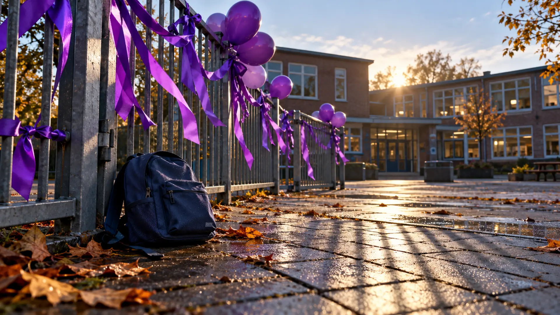Paarse linten en ballonnen aan het hek van een leeg schoolplein in ochtendlicht, een achtergelaten rugzak op de stoep