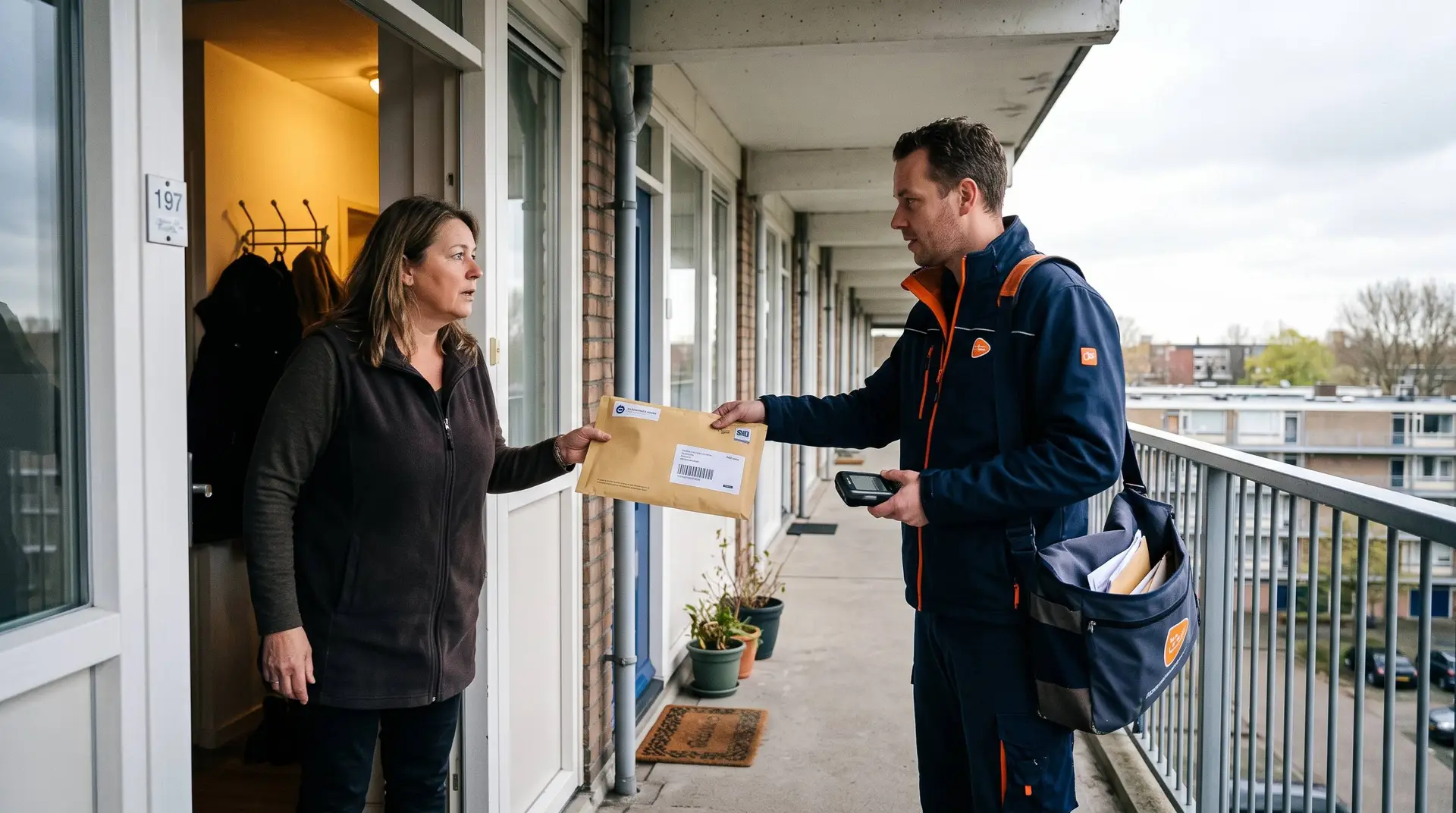 Postbode overhandigt een aangetekende envelop aan een huurder van middelbare leeftijd in de deuropening van een galerijflat