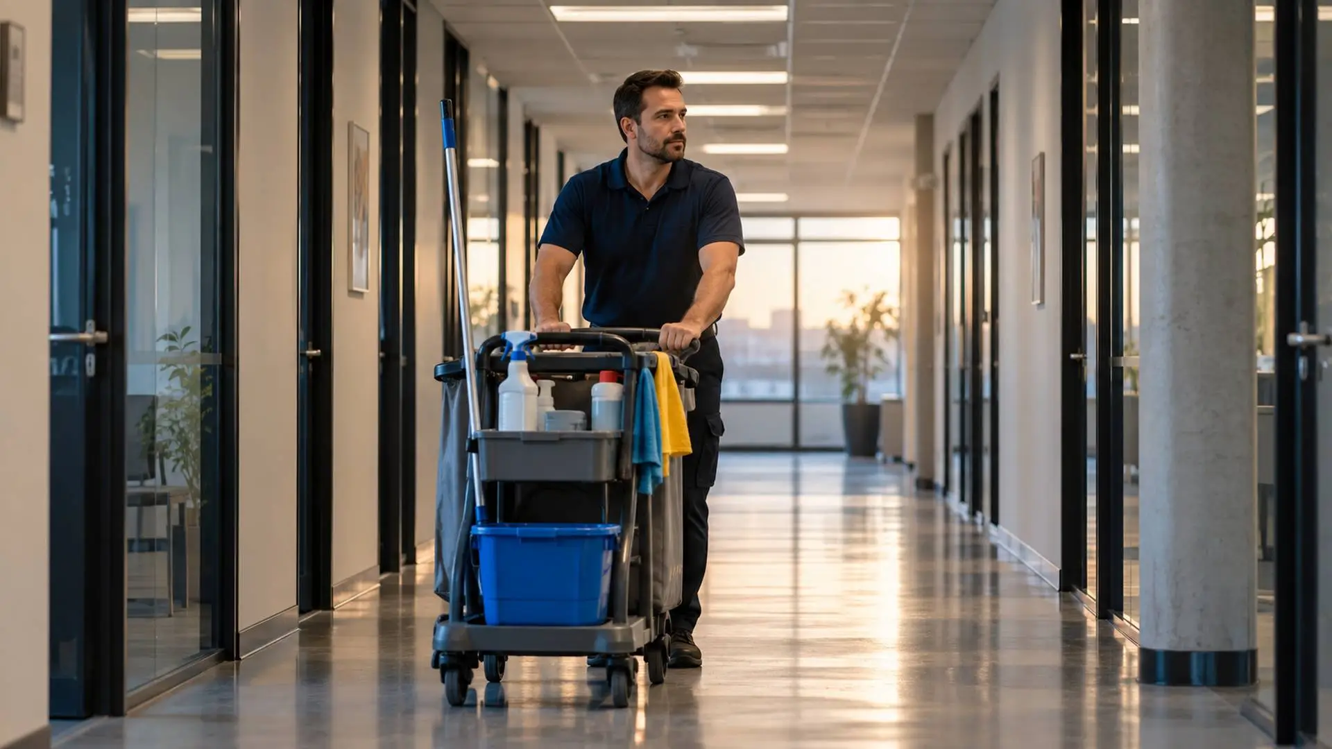 Schoonmaker in donkerblauw poloshirt duwt een schoonmaakkar door een lange, lege kantoorgang in de vroege ochtend