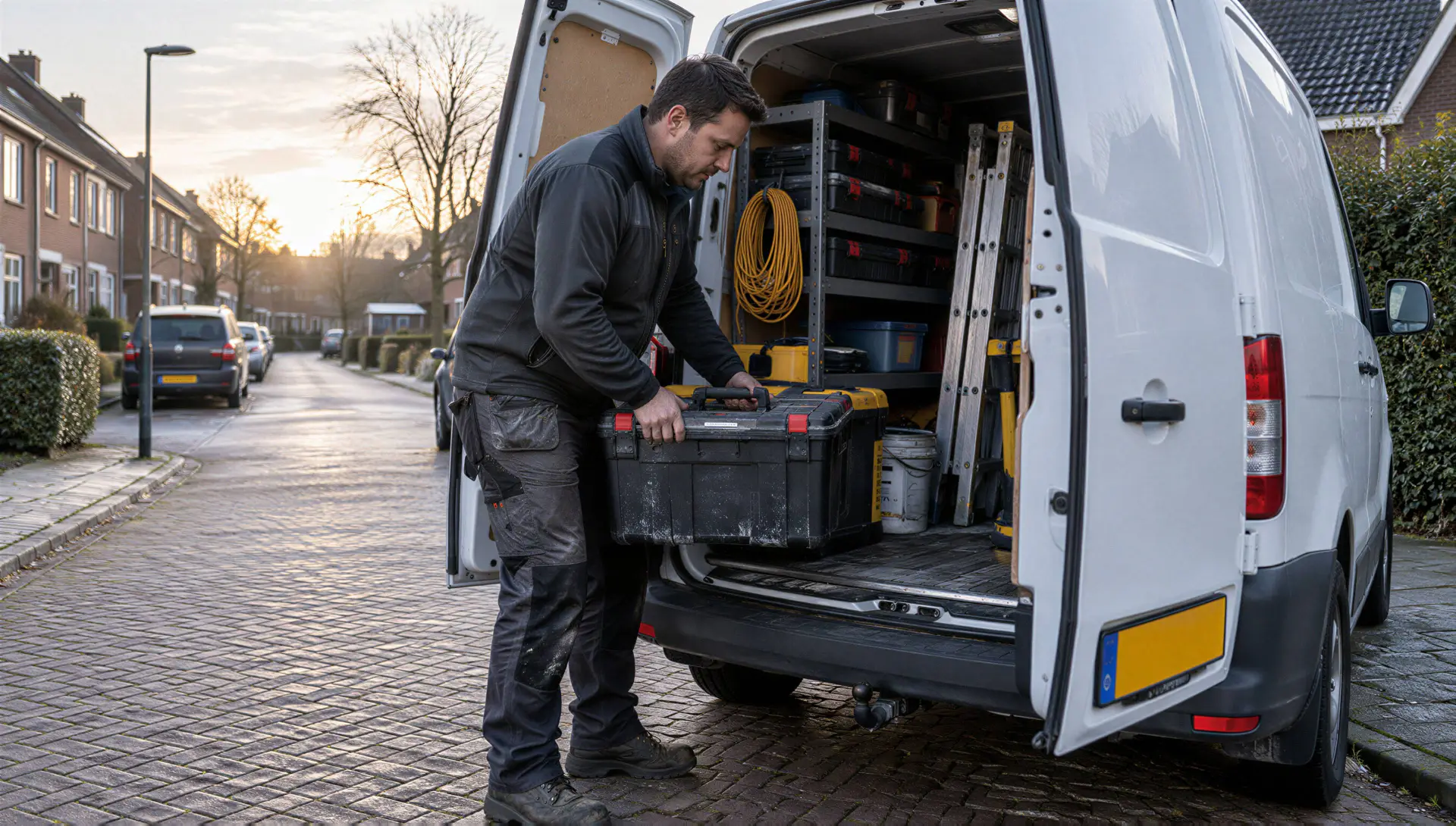 en zelfstandig installateur die gereedschap uit zijn bestelbus haalt voor een opdracht.