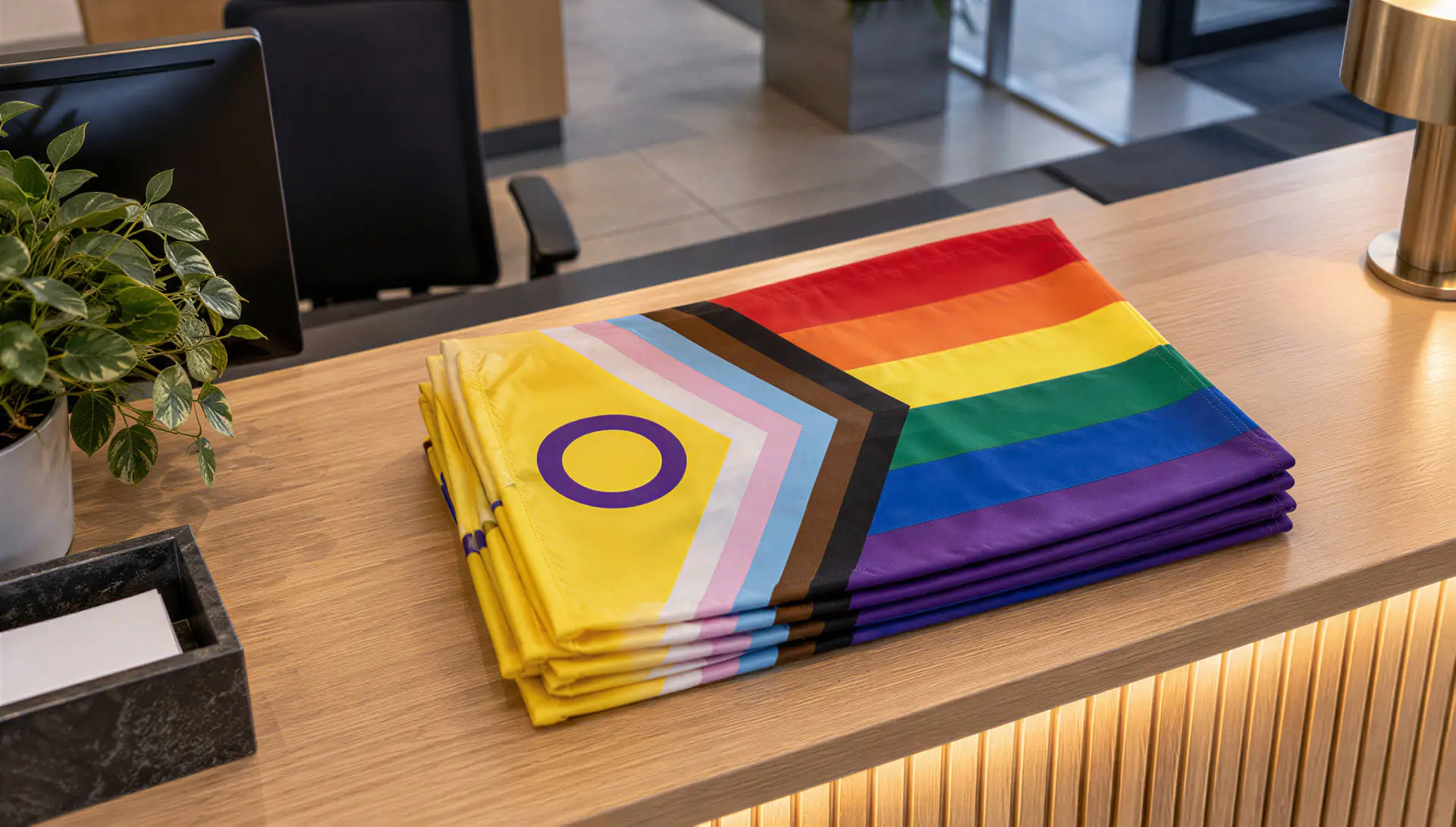 Illustratie van gevouwen intersekse-progressvlaggen op een gemeentelijke ontvangstbalie.