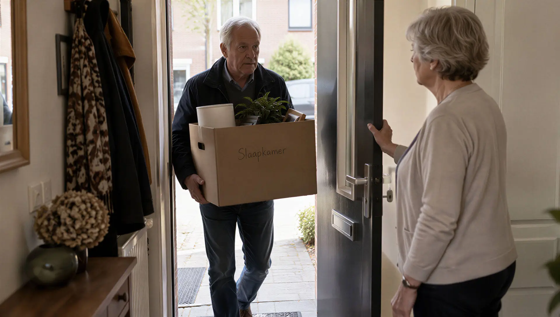 Oudere man komt met verhuisdoos binnen bij een vrouw van zijn leeftijd