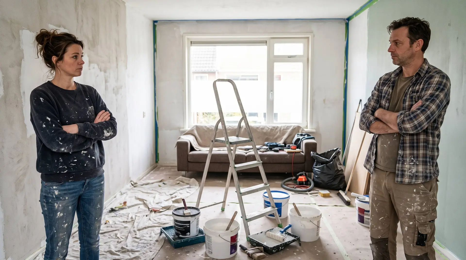 Man en vrouw van rond de veertig met de armen over elkaar in een half verbouwde woonkamer met verfemmers en een trapje