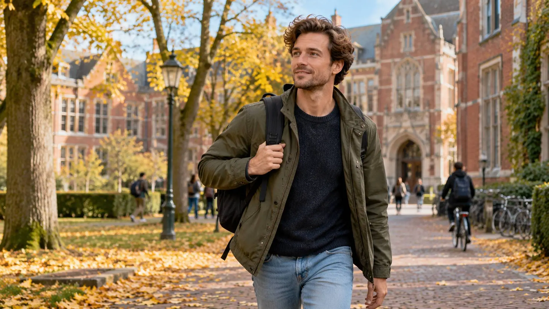 Jonge man met rugzak loopt in de herfst over een universiteitscampus met rode bakstenen gebouwen en gele bladeren