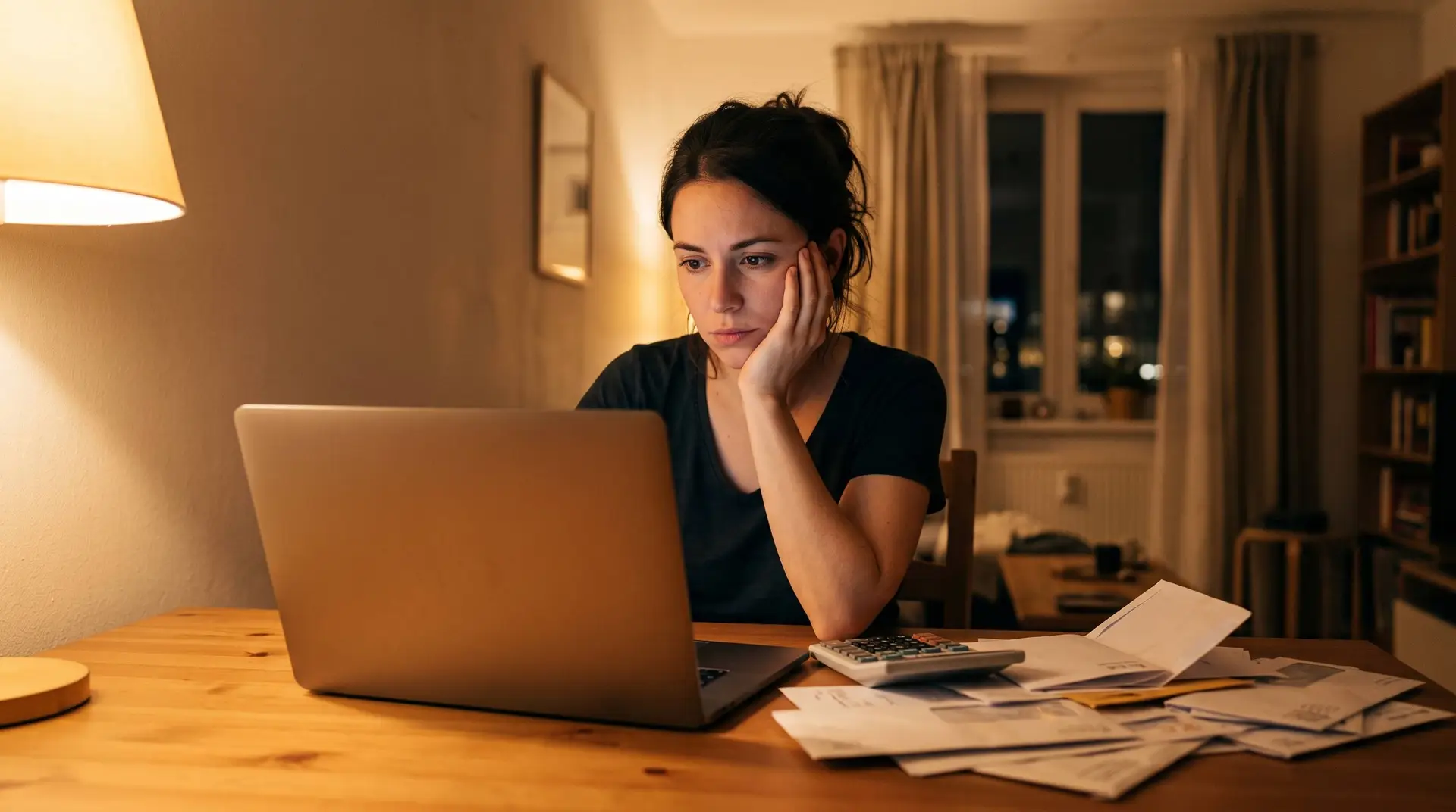 Jonge vrouw zit met laptop, rekenmachine en brieven aan tafel en rekent haar studieschuld na