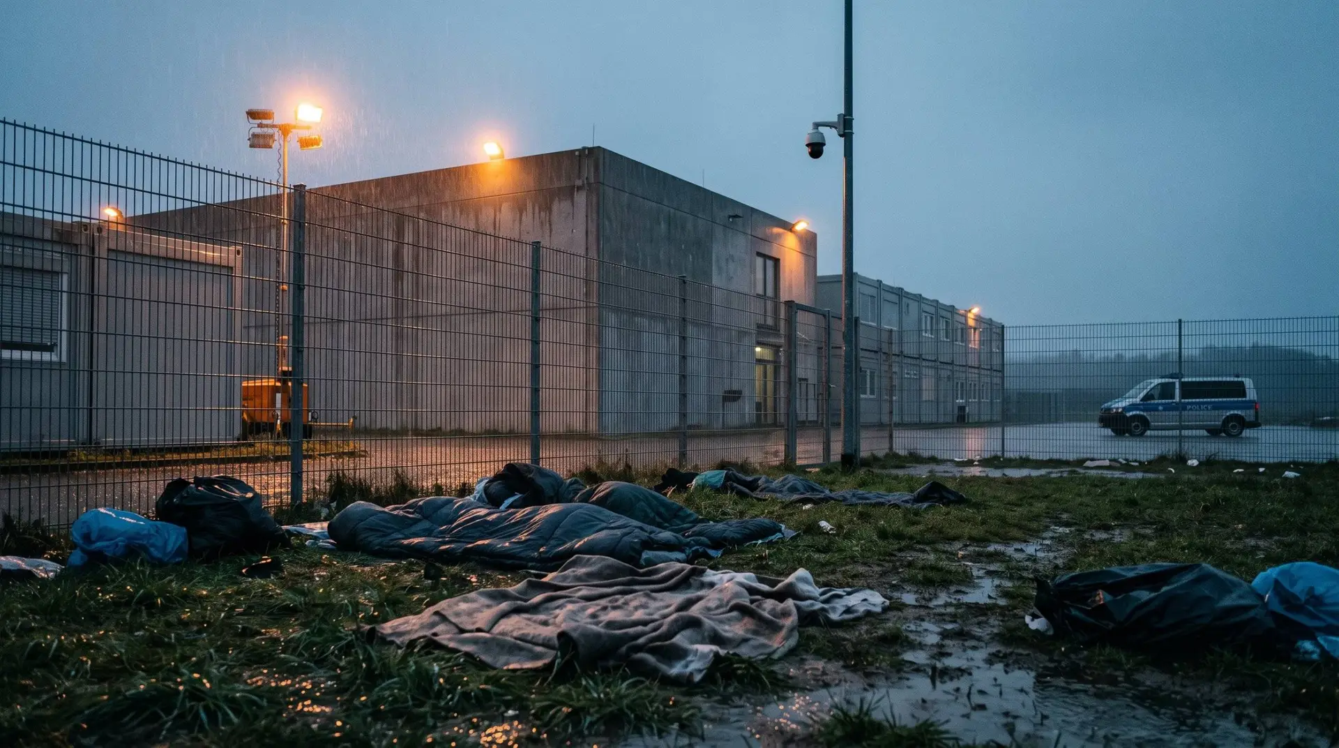 Doorweekte slaapzakken op het natte gras voor het hek van een aanmeldcentrum, op een grauwe regenachtige ochtend