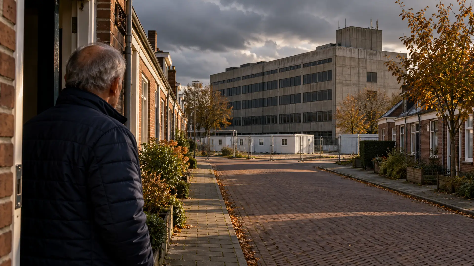 Oudere man in een deuropening kijkt naar een groot leeg bedrijfspand met bouwhekken achter een rij lage huizen